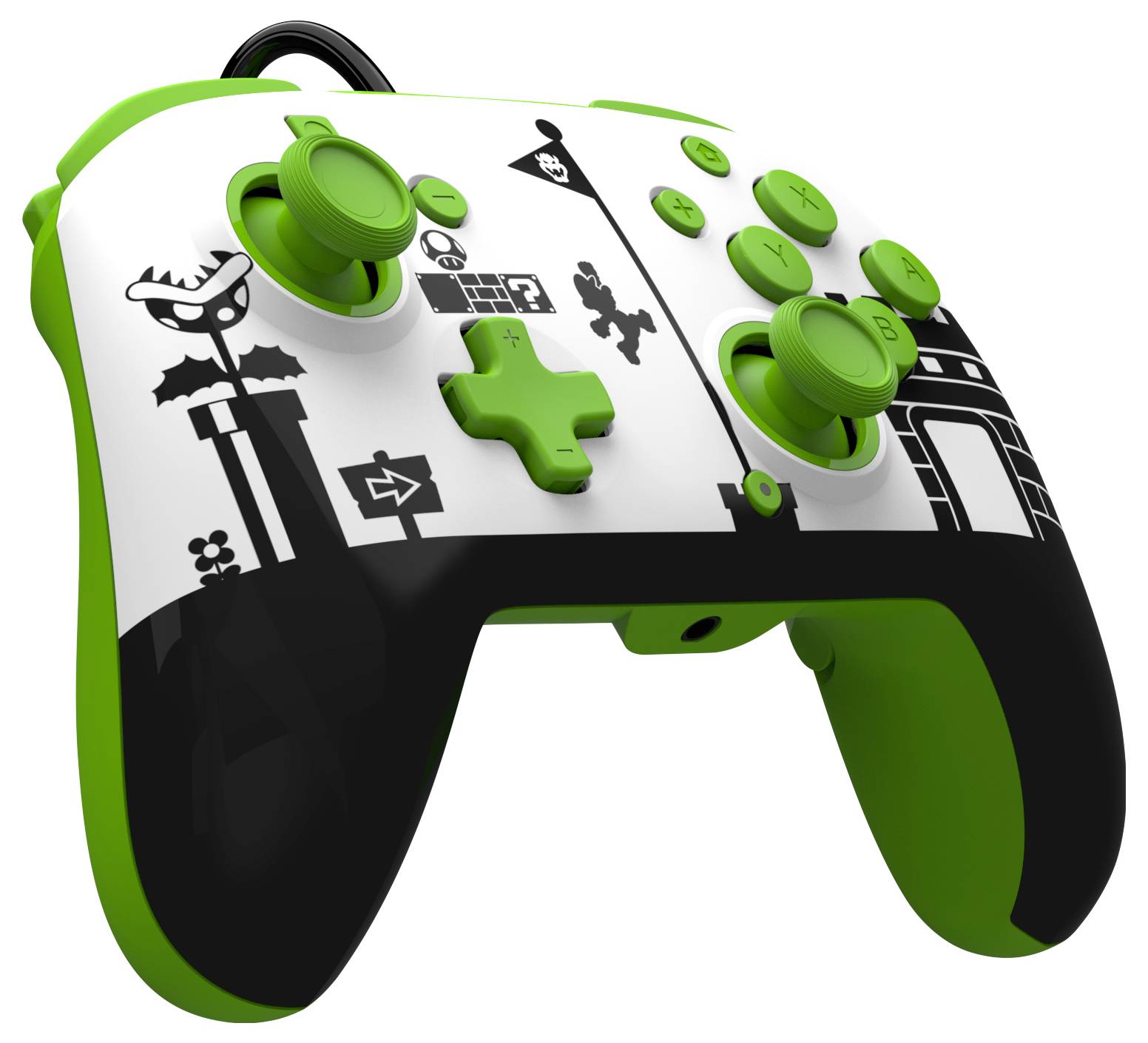 Czarno-biały kontroler do gier z zielonymi akcentami, ozdobiony grafiką w stylu pikselowej scenerii z gry wideo.