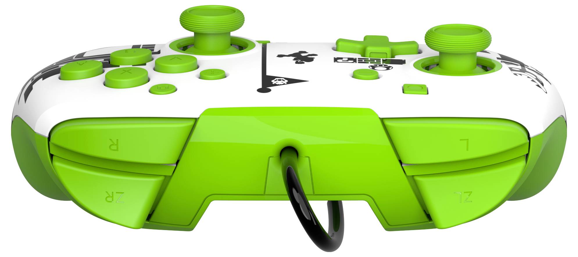 Zielony i biały kontroler do gier z przyciskami i drążkami na górnej powierzchni, sfotografowany z perspektywy tylnej strony.