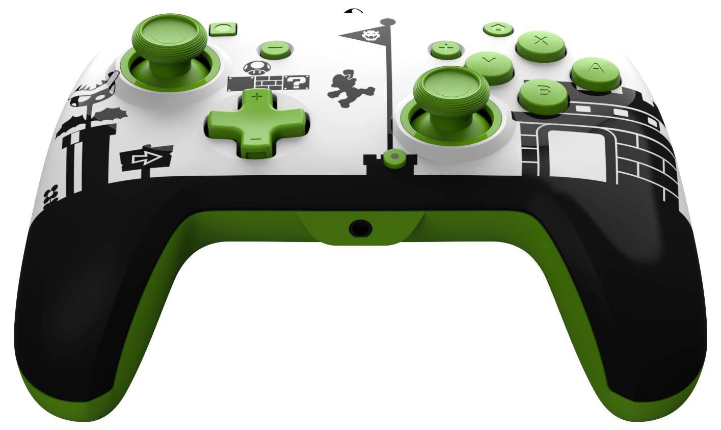 Kontroler do gier wideo z czarno-białą grafiką Super Mario i zielonymi przyciskami. Zawiera elementy designu Mario i poziomu.