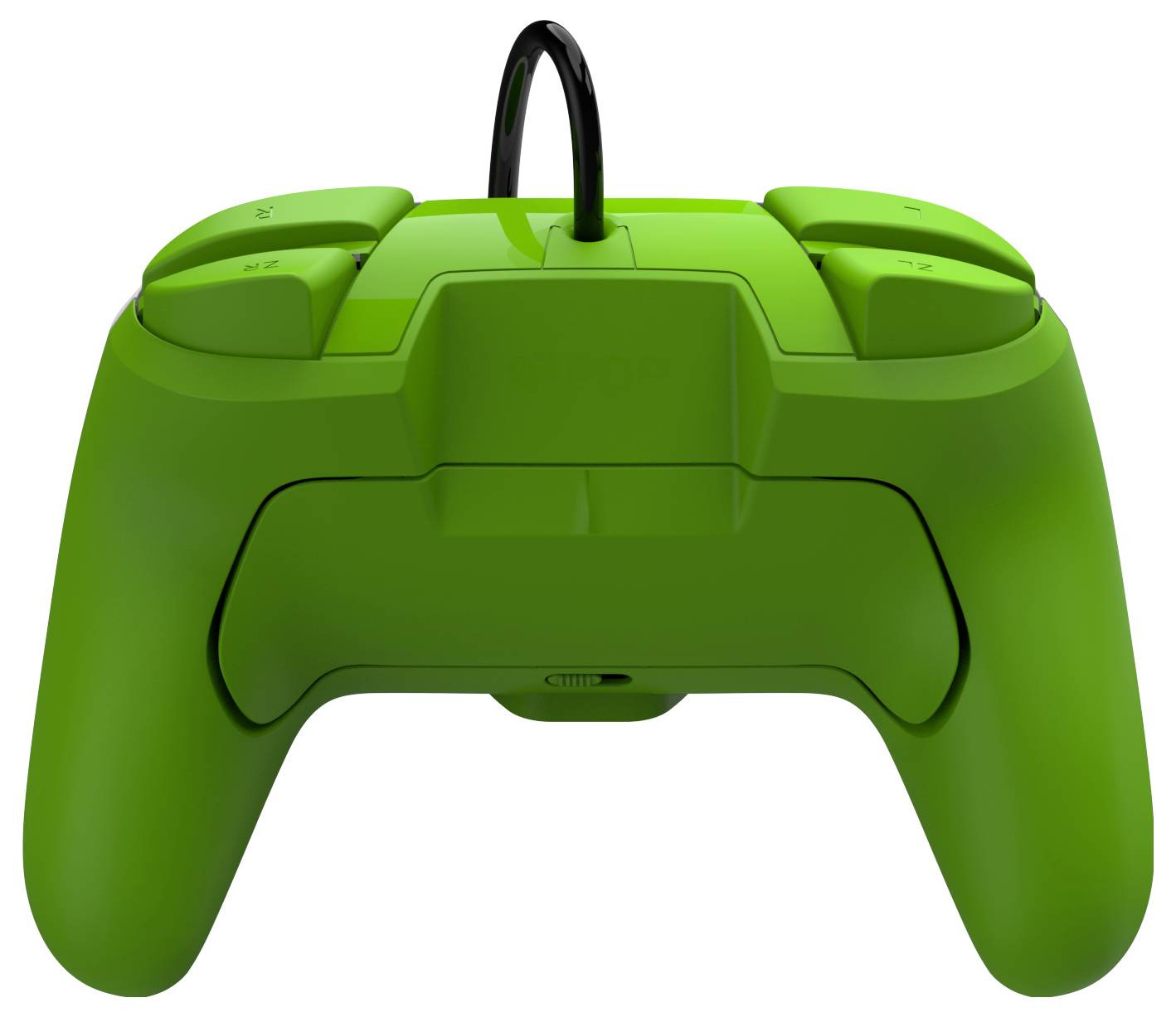 Zielony kontroler do gier widziany od tyłu, z widocznymi tylnymi przyciskami i kablem u góry.