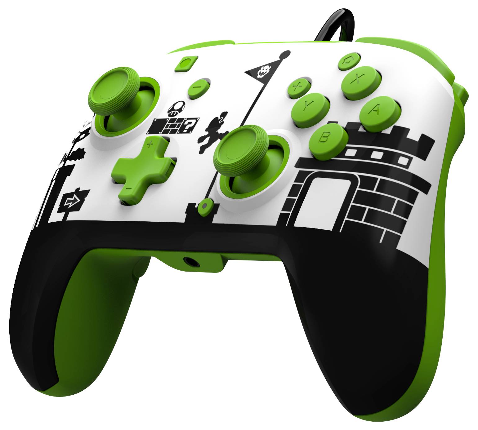 Biały kontroler do gier z zielonymi akcentami, na którym znajduje się ilustracja poziomu z gry przedstawiająca zamek i skaczącą postać.