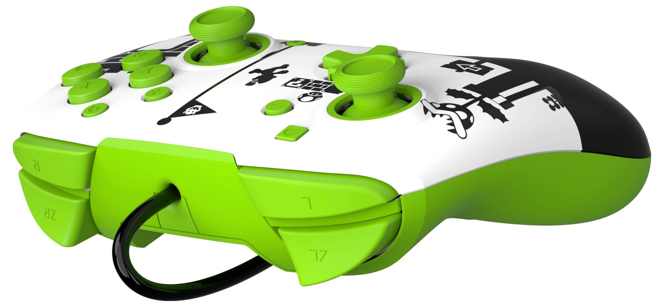 Biały-zielony kontroler do gier z przewodem, dwoma joystickami, kilkoma przyciskami i wyrazistym czarnym designem graficznym.