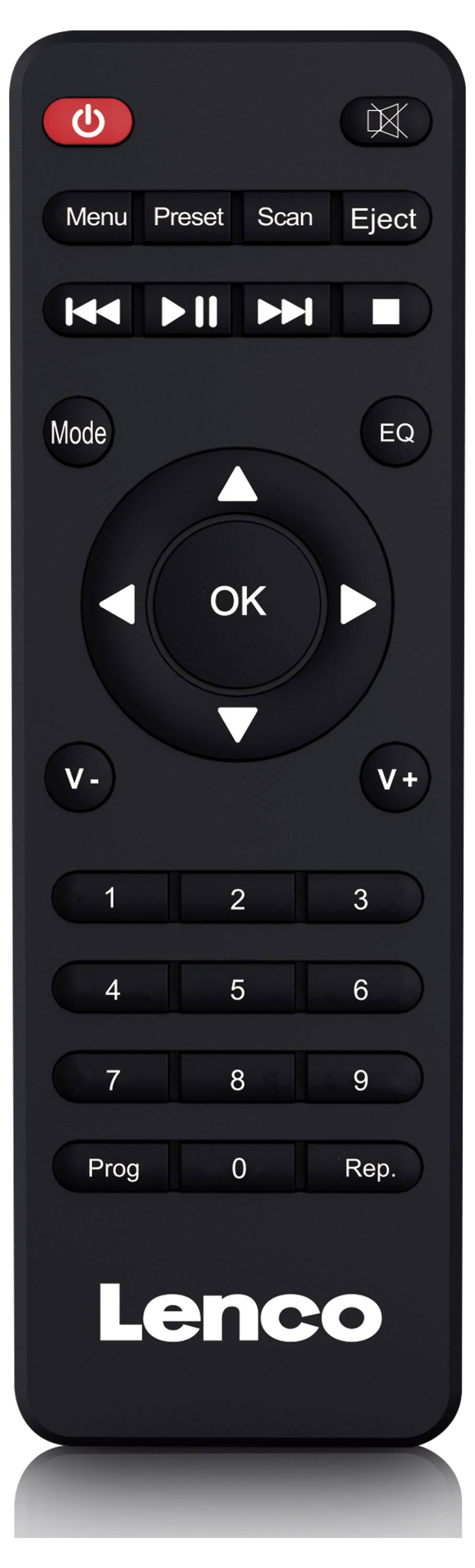 Czarna pilot zdalnego sterowania marki 'Lenco' z przyciskami do regulacji głośności, odtwarzania, wyboru trybu oraz wprowadzania cyfr.