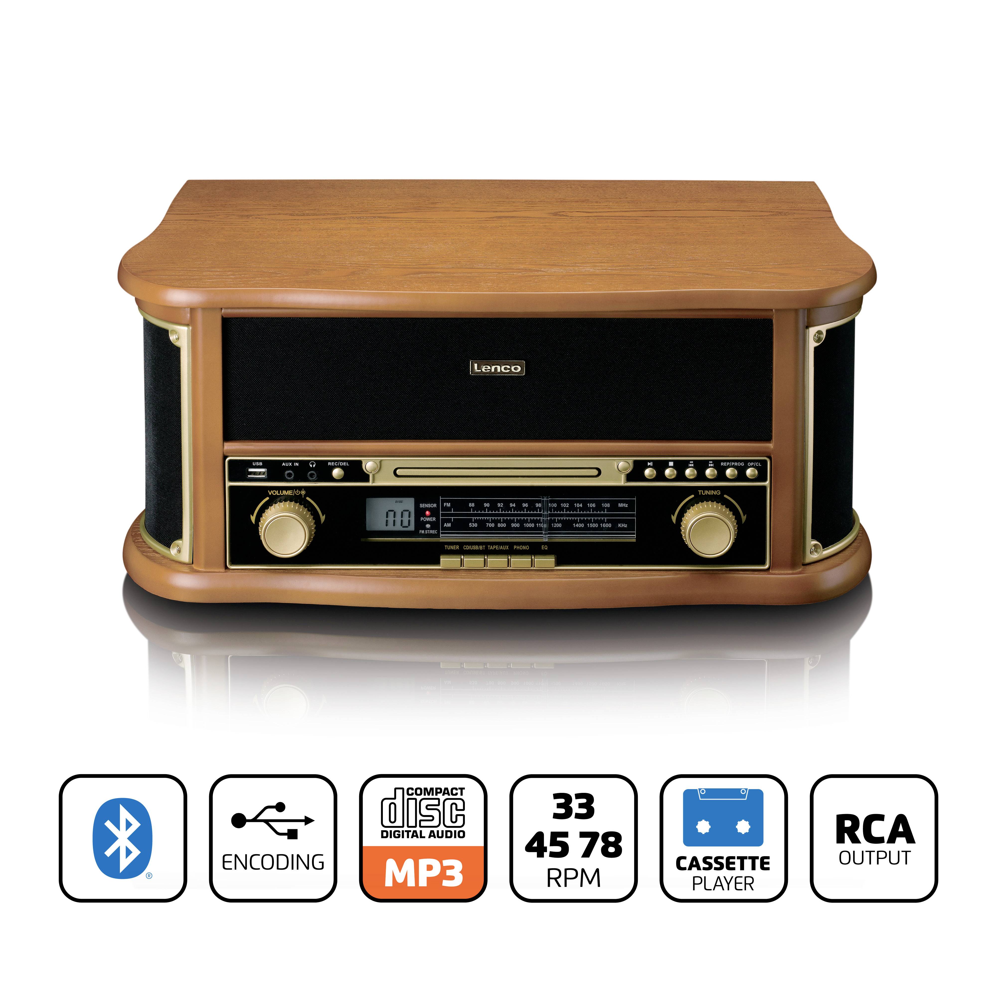 Zabytkowy zestaw muzyczny z drewnianym wykończeniem, prezentujący radio, magnetofon kasetowy i gramofon. Pasek funkcji: Bluetooth, MP3, wyjście RCA.