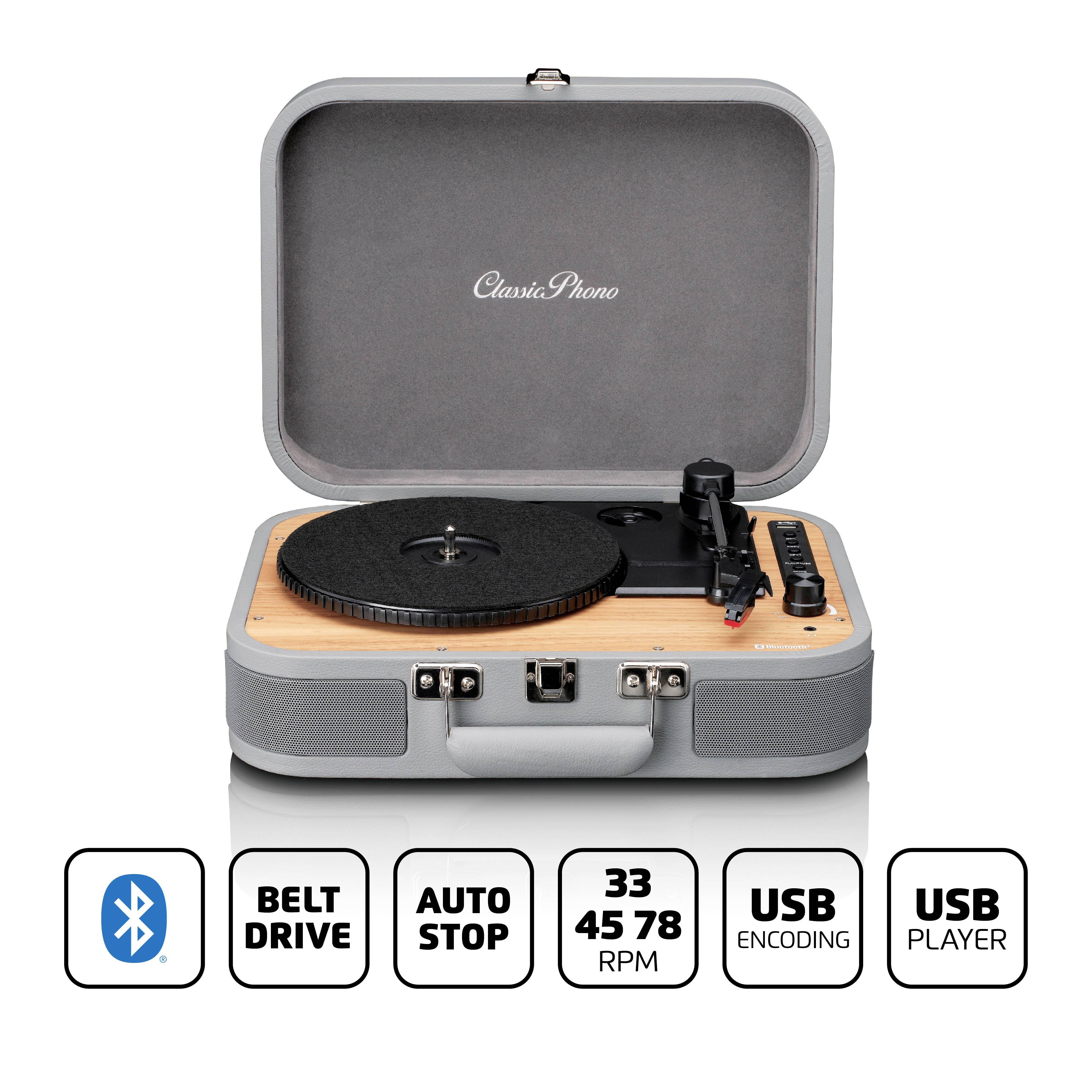 Przenośny gramofon w stylu walizki, kompatybilny z Bluetooth, z napędem pasowym, funkcją auto-stop, kodowaniem USB oraz prędkościami obrotowymi 33/45/78 RPM.