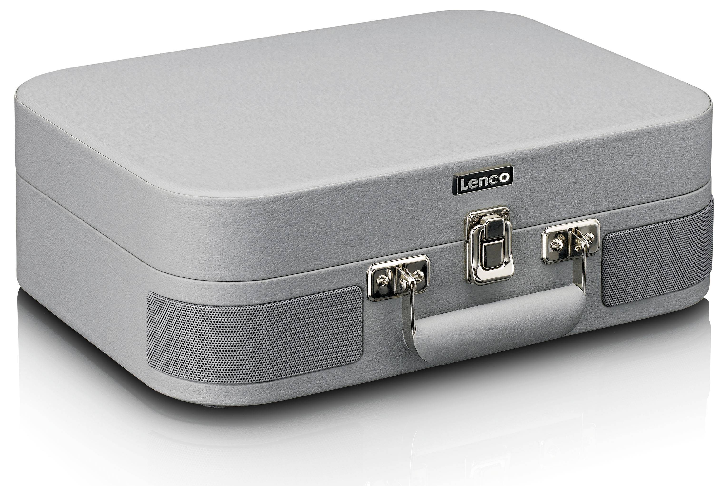 Szary przenośny gramofon w walizce z metalowymi zatrzaskami i wbudowanym głośnikiem, noszący logo 'Lenco'.