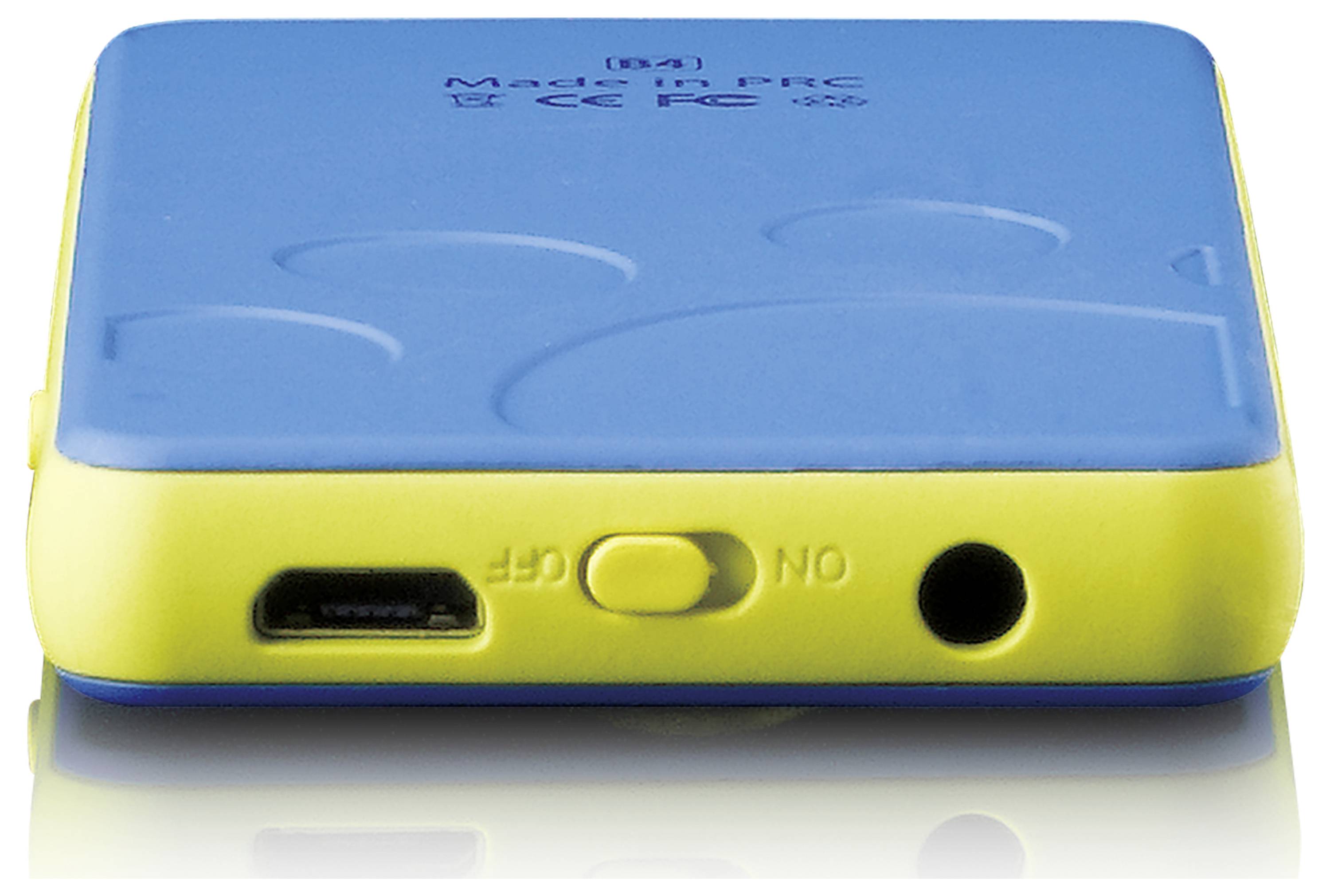 Niebiesko-żółte urządzenie z gniazdem USB i przyciskiem włączania z boku.