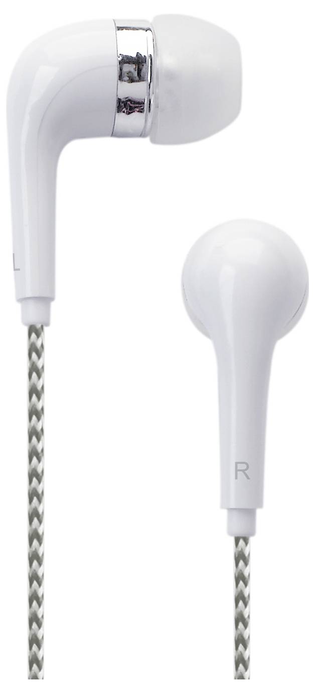 Białe słuchawki douszne z szarym przewodem, oznaczone lewym i prawym wkładem do ucha.