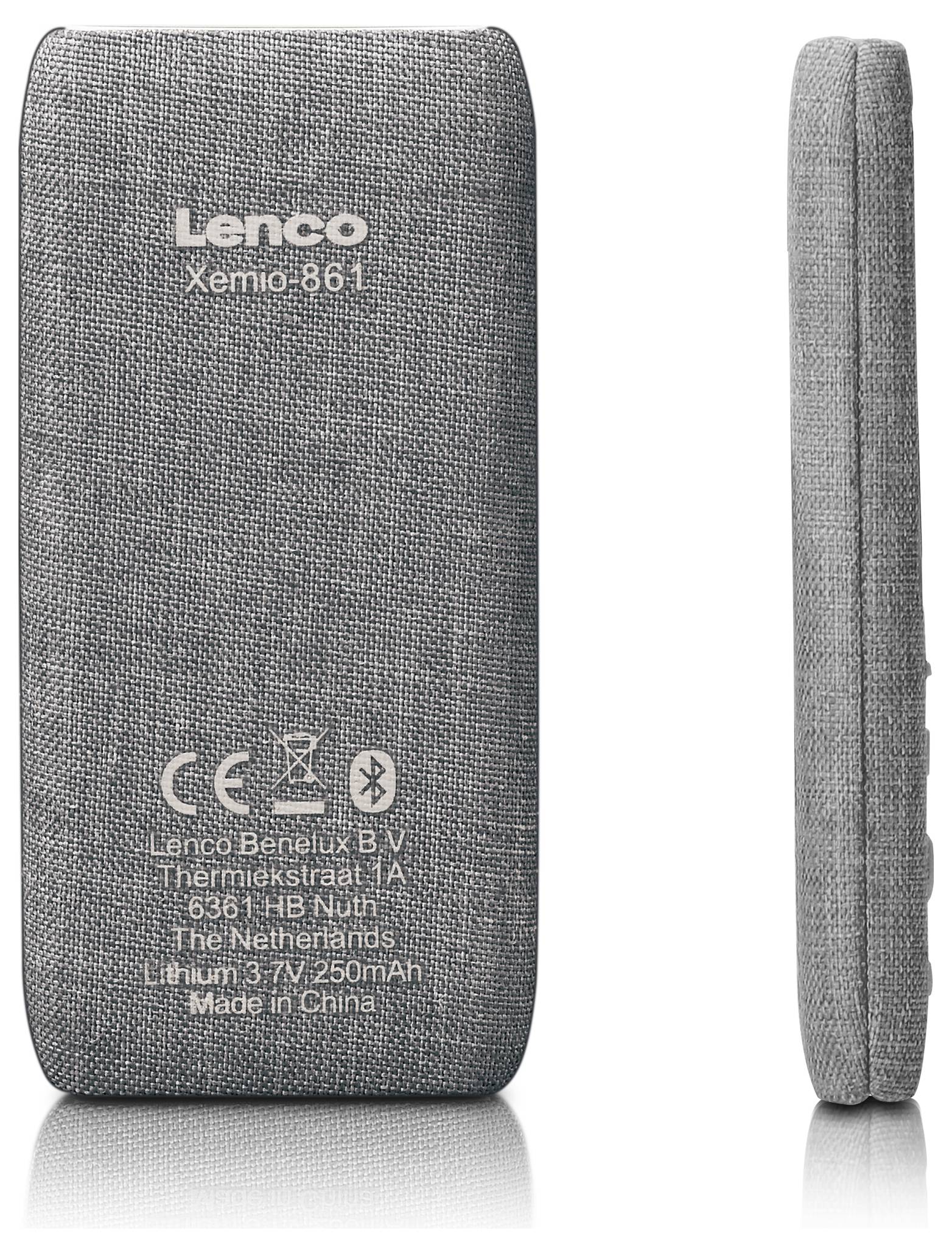 Szary przenośny sprzęt z napisem 'Lenco Xemio-861'. Na tylnej stronie widoczne są informacje o produkcji oraz logotypy certyfikacyjne.