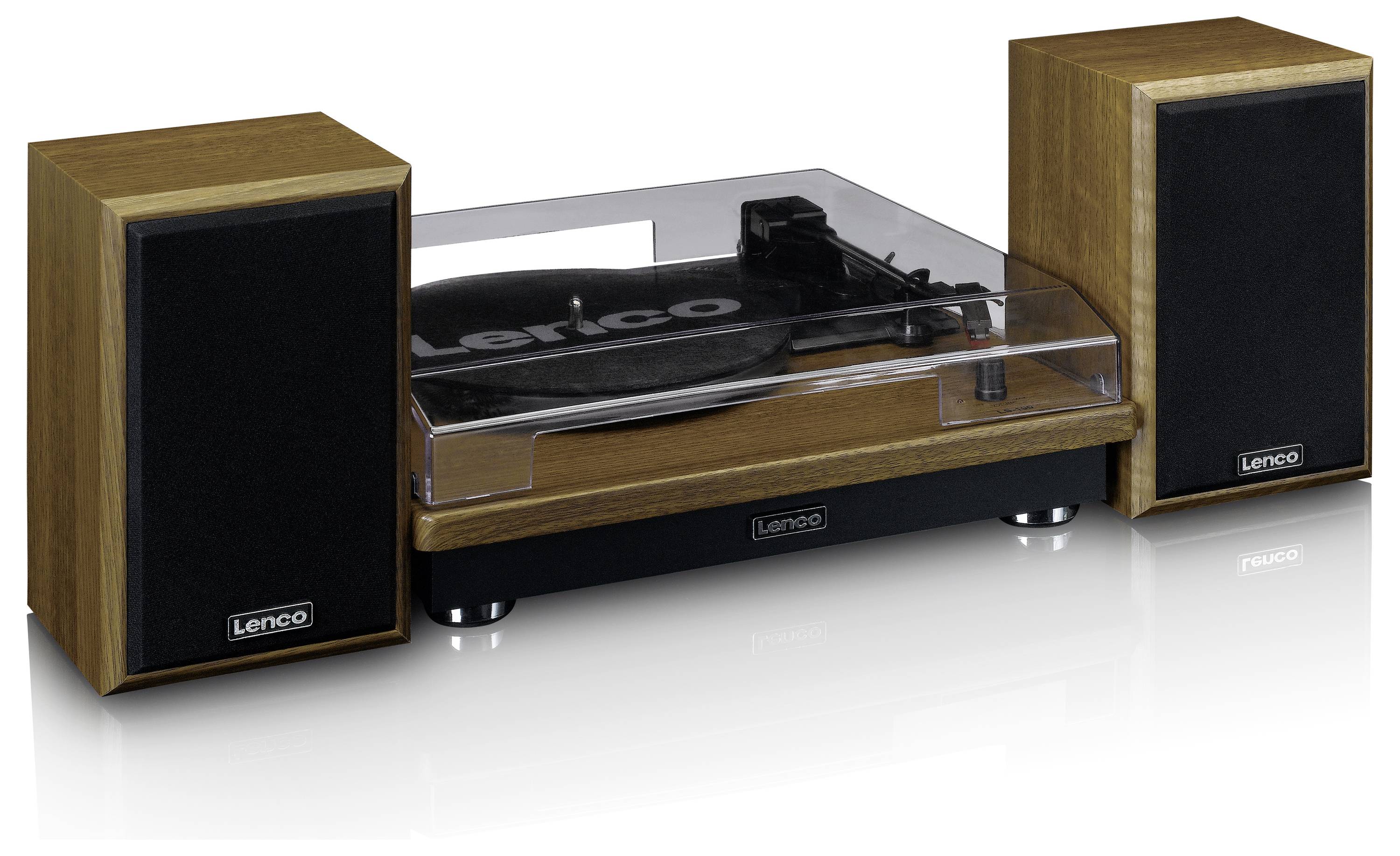 Zestaw gramofonu z drewna z dwoma głośnikami. Gramofon posiada przezroczystą pokrywę.