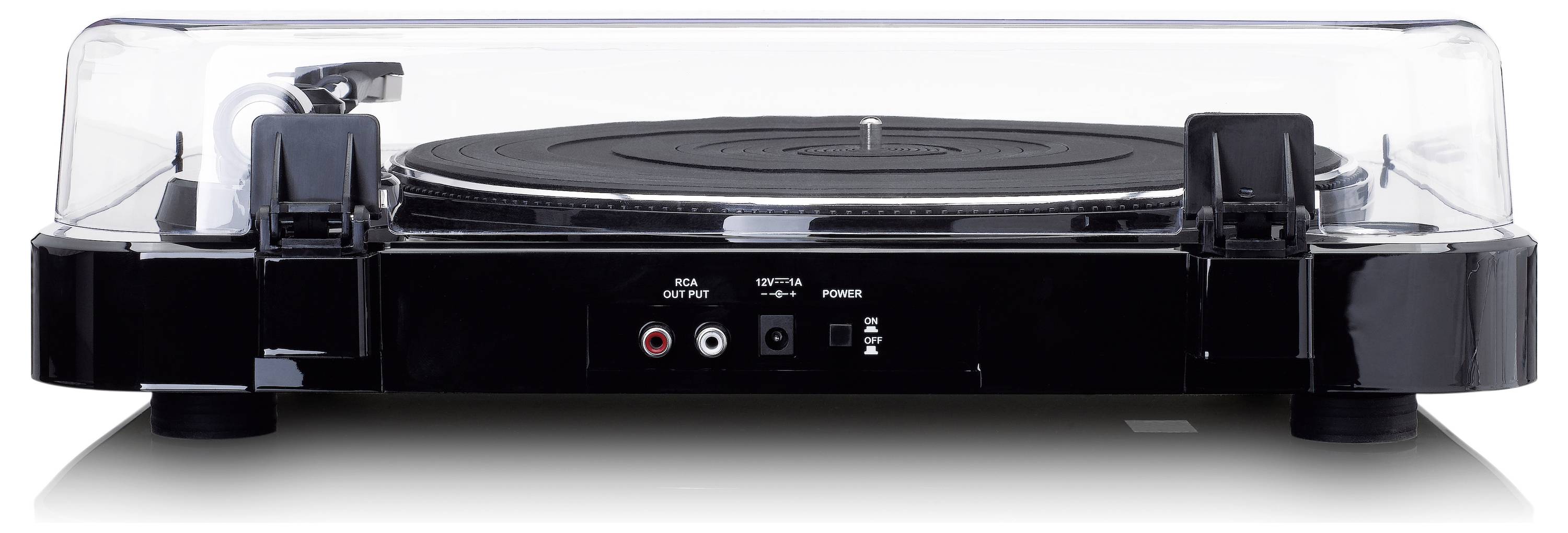 Gramofon z przezroczystą pokrywą i elementami sterującymi z przodu.