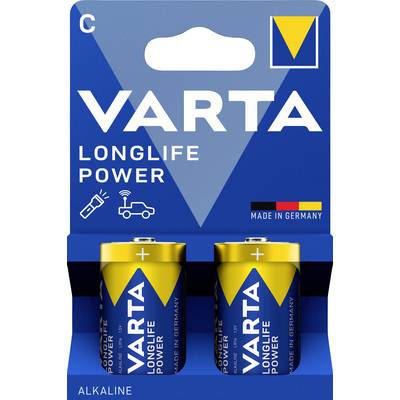 Dwie baterie alkaliczne VARTA Longlife Power w oryginalnym opakowaniu z niebieskim i żółtym wzorem, odpowiednie do zastosowań wymagających wysokiej wydajności.