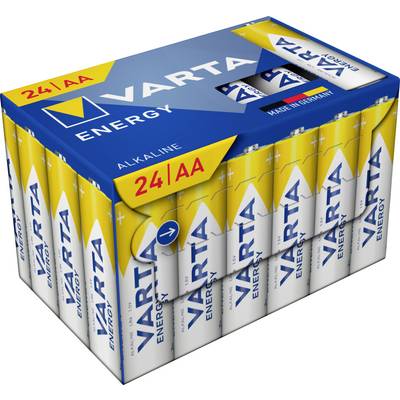Opakowanie 24 baterii alkalicznych Varta Energy AA, w niebiesko-żółtym designie.