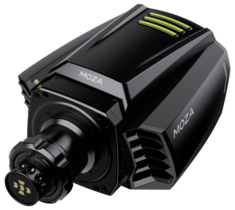 Czarna bazowa jednostka kierownicy MOZA z jasnozielonymi paskami. Używana do wspomagania symulatorów wyścigowych w celu zapewnienia realistycznego sterowania.