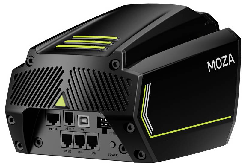 Czarne urządzenie elektroniczne z żółtymi i zielonymi oznaczeniami na górnej powierzchni. Z tyłu widoczne są różne złącza.