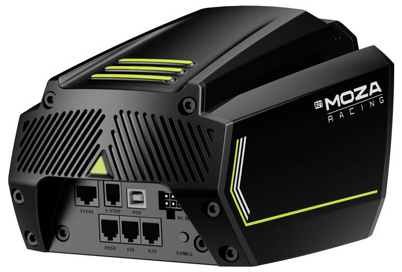 Czarna jednostka sterująca roweru wyścigowego z wieloma złączami i jaskrawo żółtymi akcentami. Oznaczona logo 'Moza Racing'.