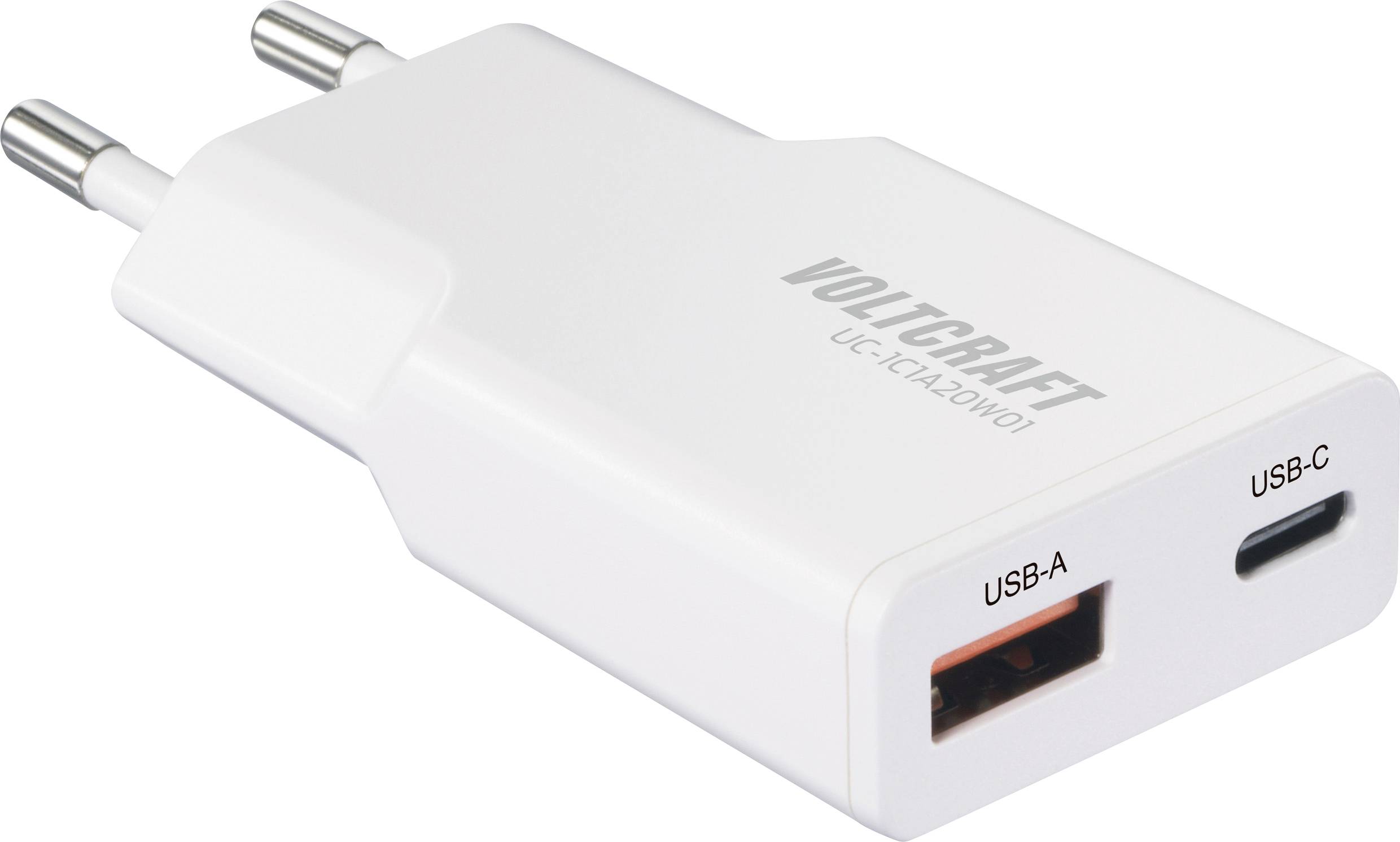 Зарядний пристрій VOLTCRAFT UC-1C1A20W01 20 Вт USB 1x USB-A, 1x USB-C® Fast Charge, Power Delivery 3.0 White GaN