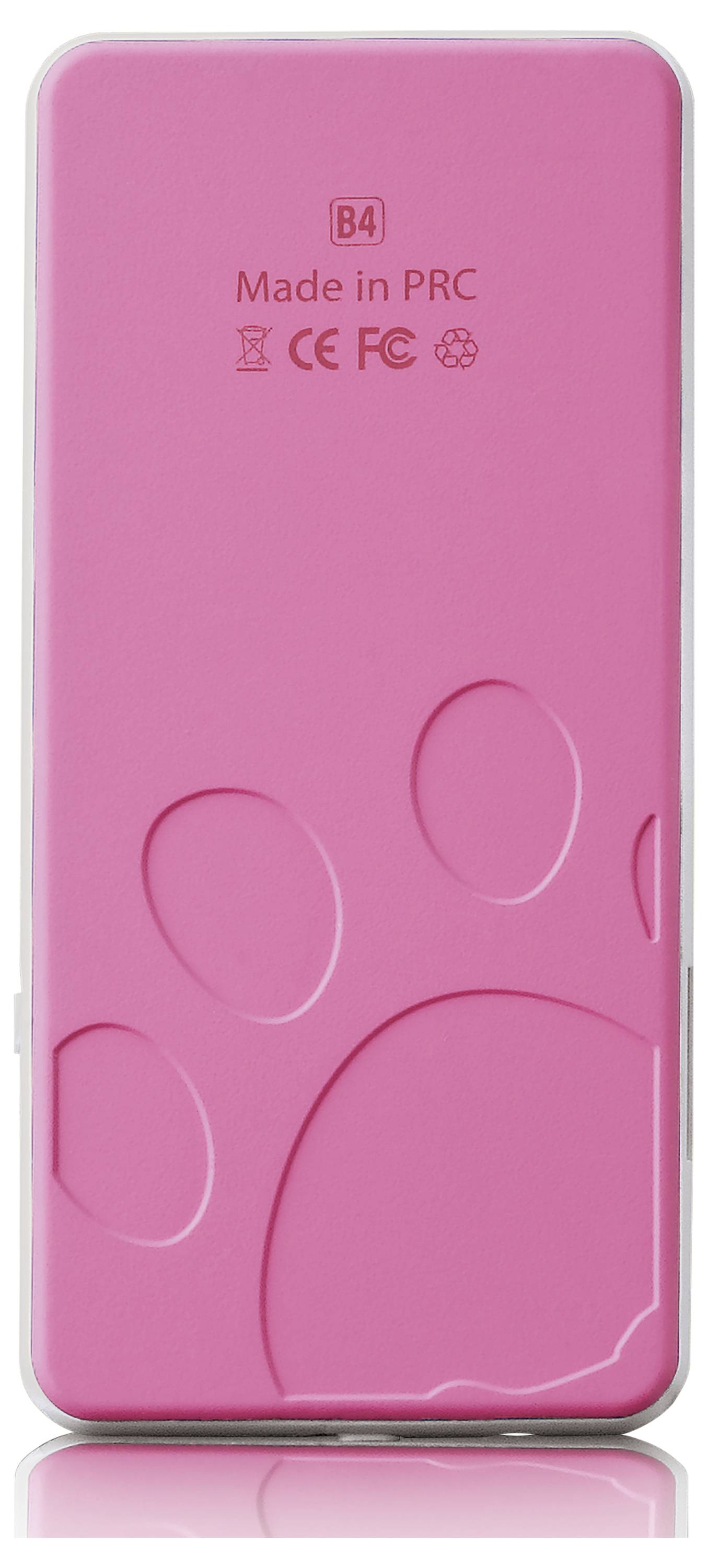 Różowa powerbank z wygrawerowanym wzorem łapy, napisem 'Made in PRC' oraz oznaczeniami CE i FCC.