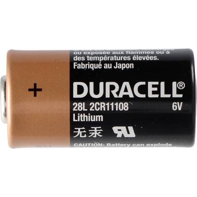 Bateria litowa Duracell, model 28L 2CR11108, 6V, z oznaczeniami biegunów Plus i Minus, wyprodukowana w Japonii.