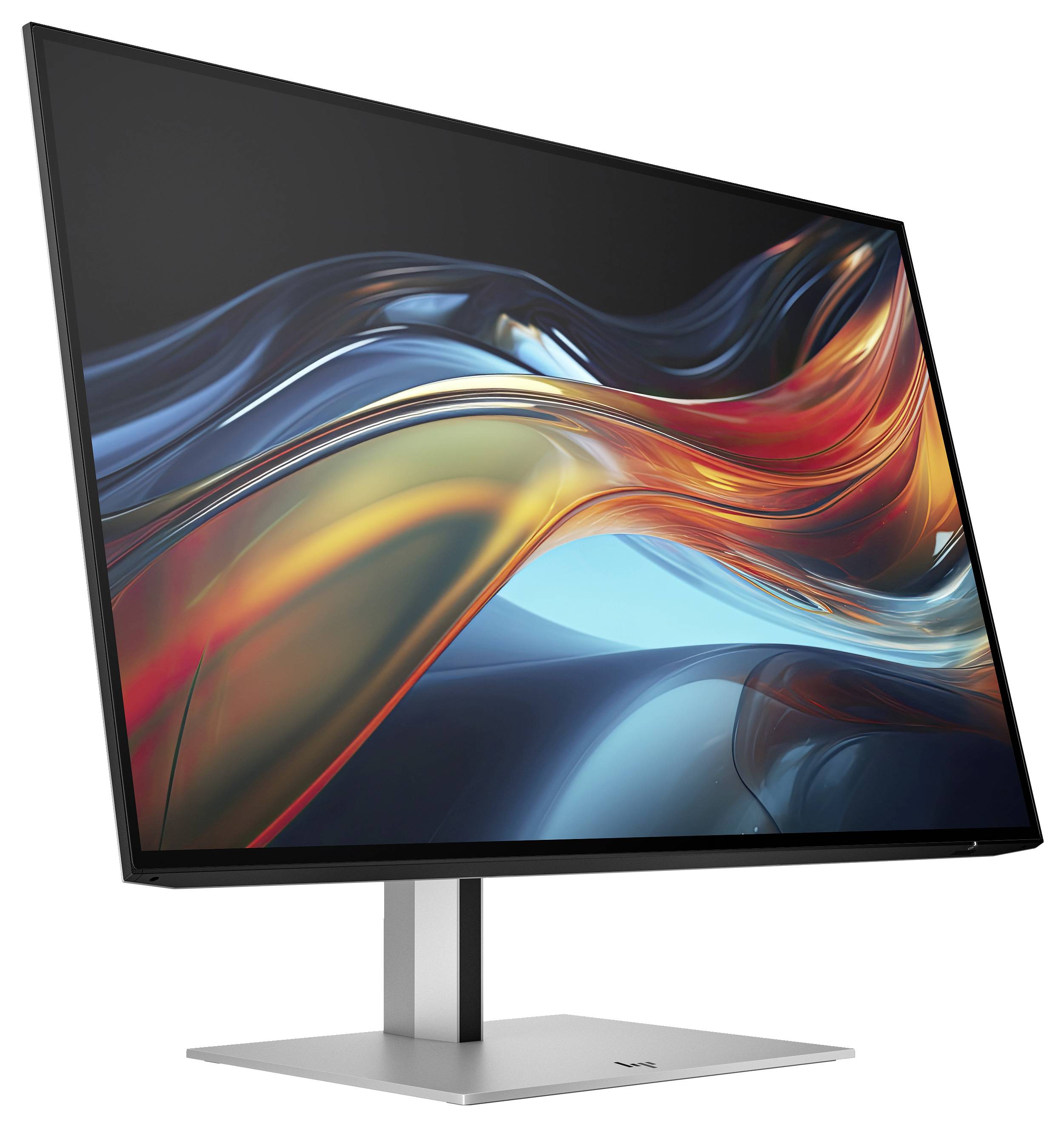 Nowoczesny monitor komputerowy z wąską ramką wyświetla abstrakcyjne, kolorowe tło z zakrzywionymi liniami.