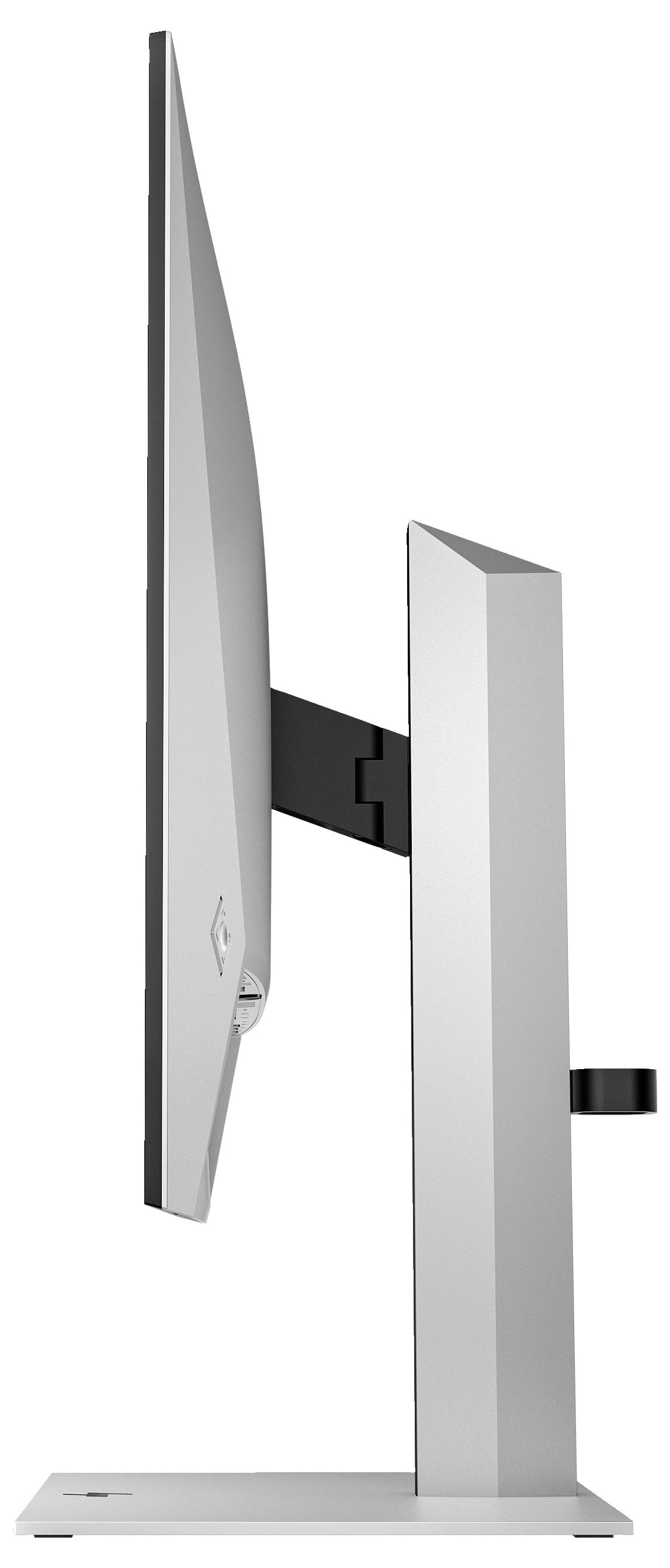 Obraz przedstawia smukły, srebrny ekran komputerowy ustawiony bokiem, wyposażony w regulowaną podstawę, która zapewnia stabilność i elastyczność.