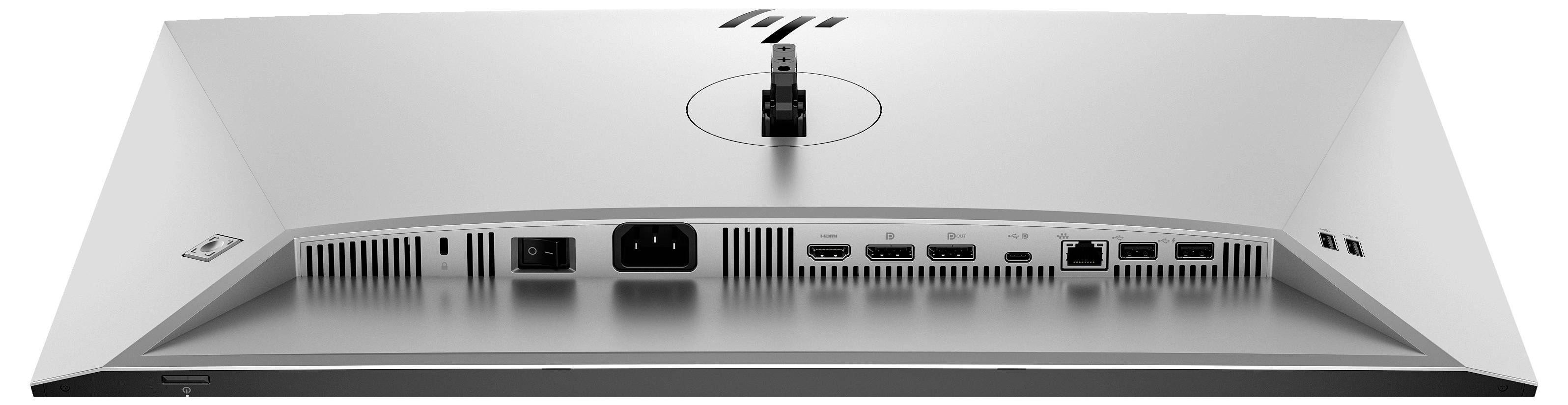 Tylna strona monitora komputerowego z różnymi złączami: zasilanie, HDMI, DisplayPort, USB. Nowoczesny design, centralne wycięcie pod podstawkę.