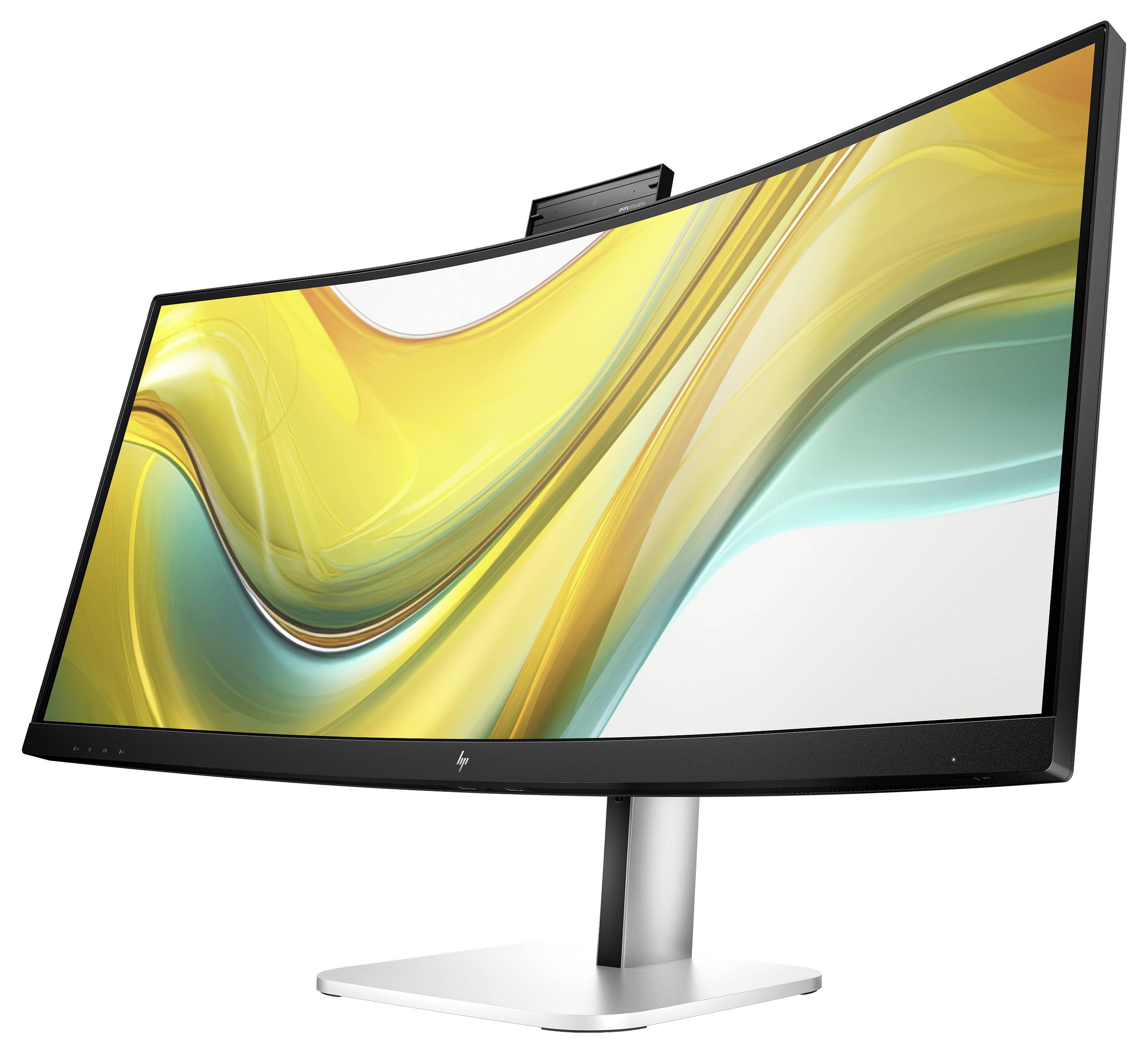 Zakrzywiony monitor z wąską ramką i efektownym żółto-turkusowym tłem.