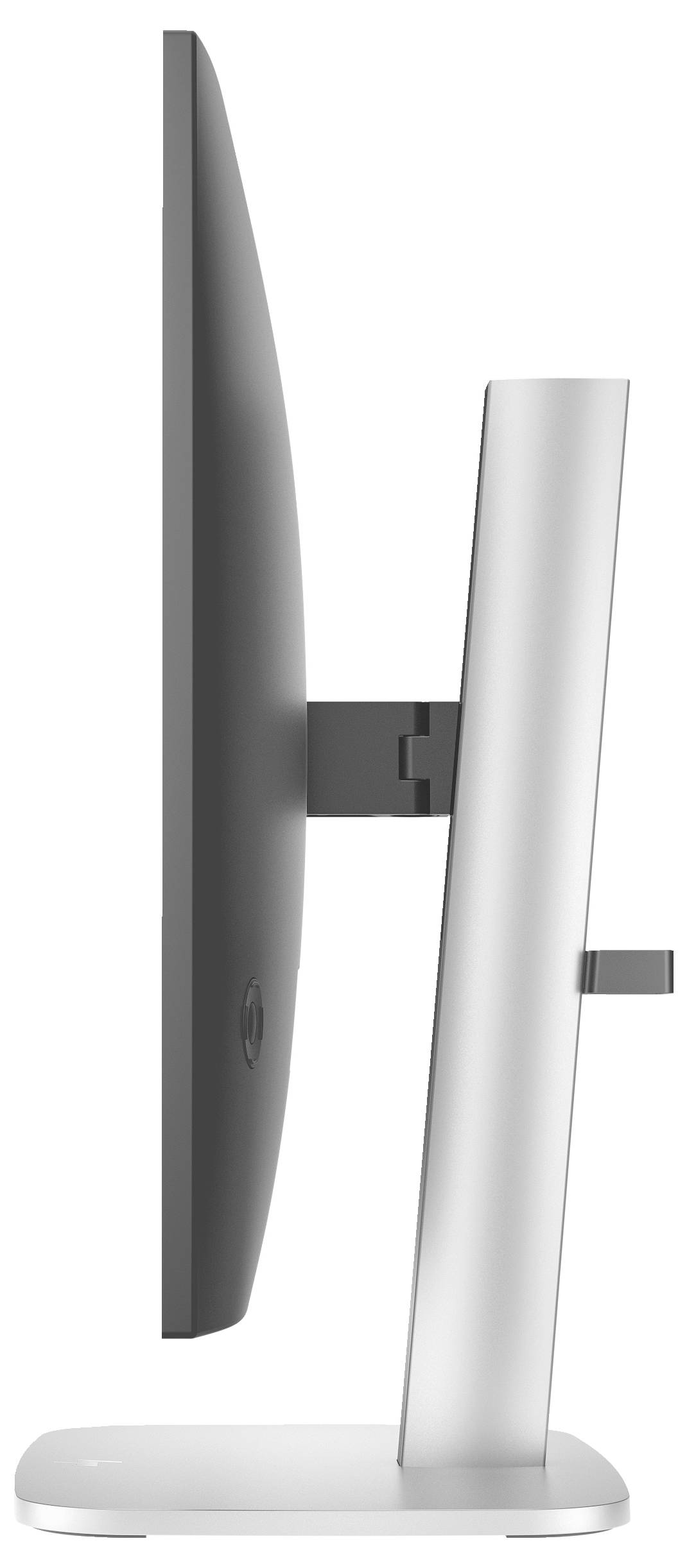 Widok z boku nowoczesnego monitora komputerowego z smukłą, srebrną podstawą. Ekran jest czarny i cienki.