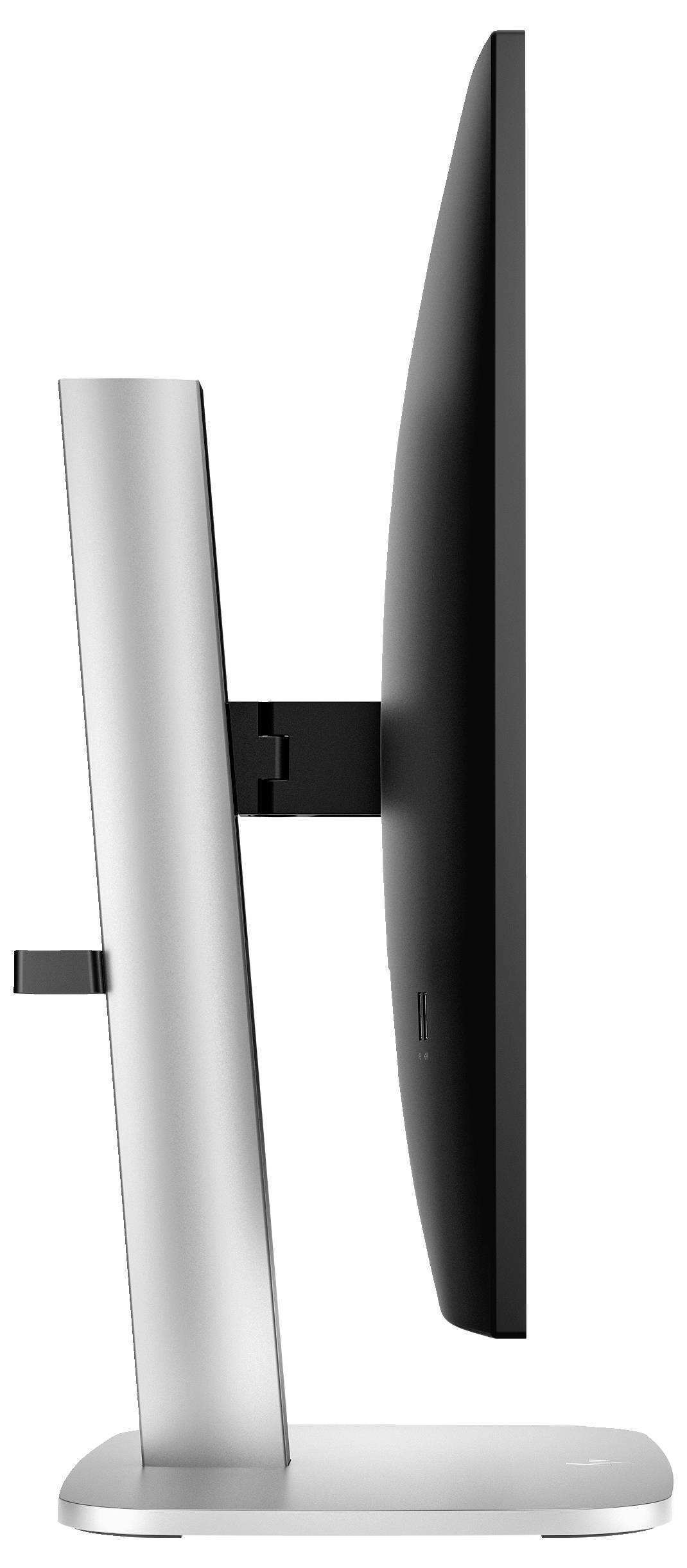 Smukły monitor komputerowy widziany z boku, zamontowany na regulowanej srebrnej podstawie.