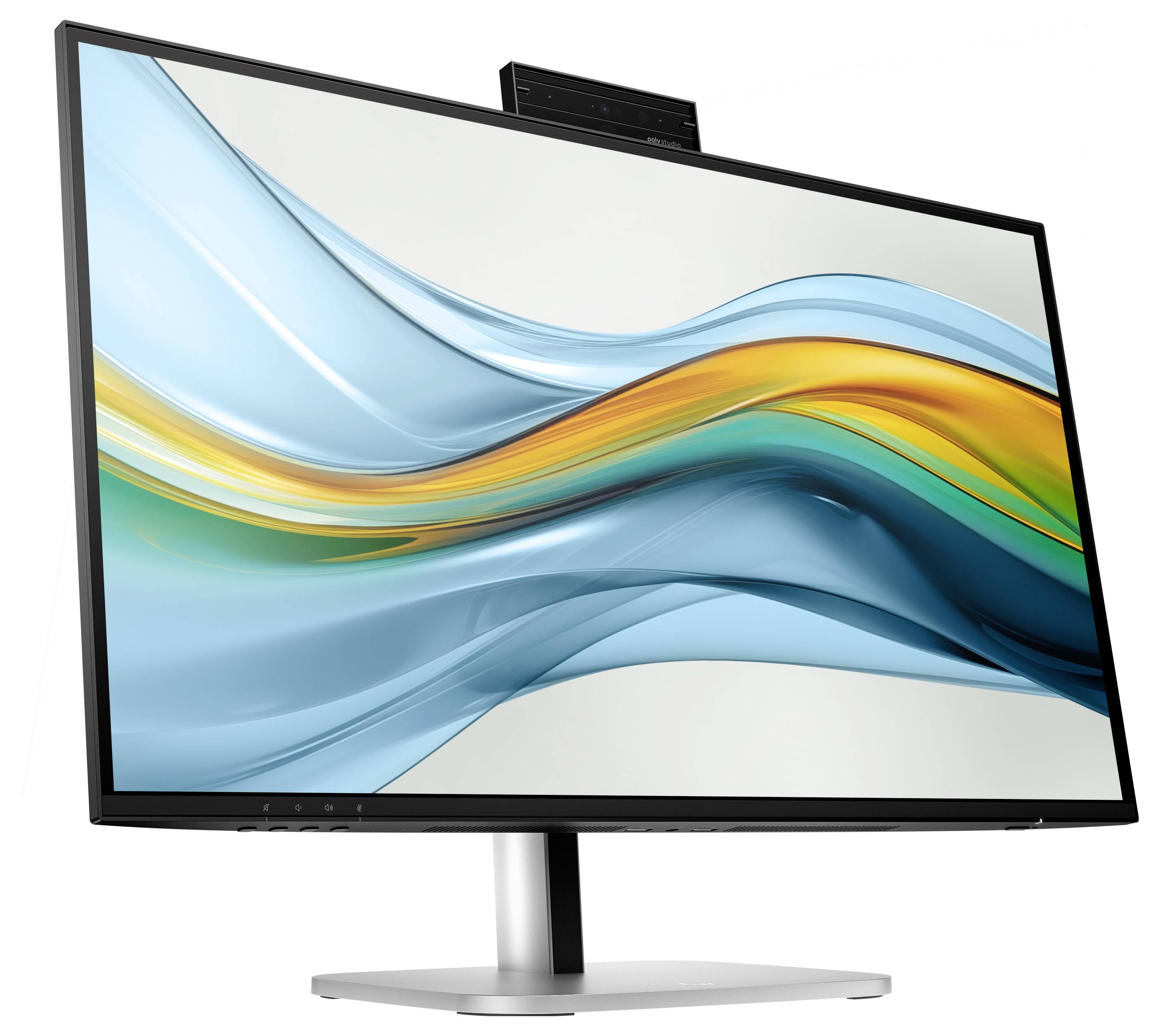 Nowoczesny ekran komputerowy o wąskiej ramce. Na wyświetlaczu widoczny jest abstrakcyjny, falisty design w odcieniach niebieskiego i pomarańczowego.