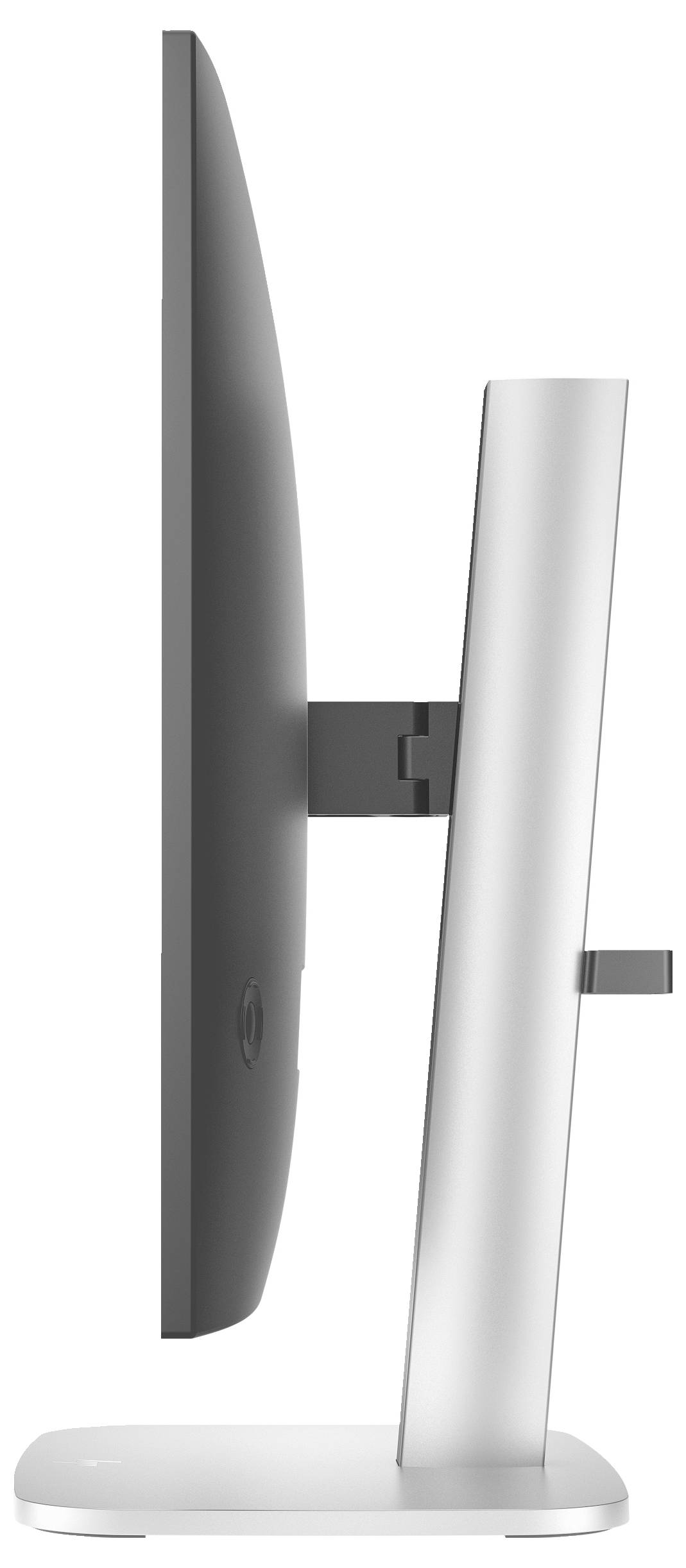 Wąski monitor komputerowy widziany z boku, ukazujący smukłą sylwetkę oraz stabilną, srebrną podstawę.
