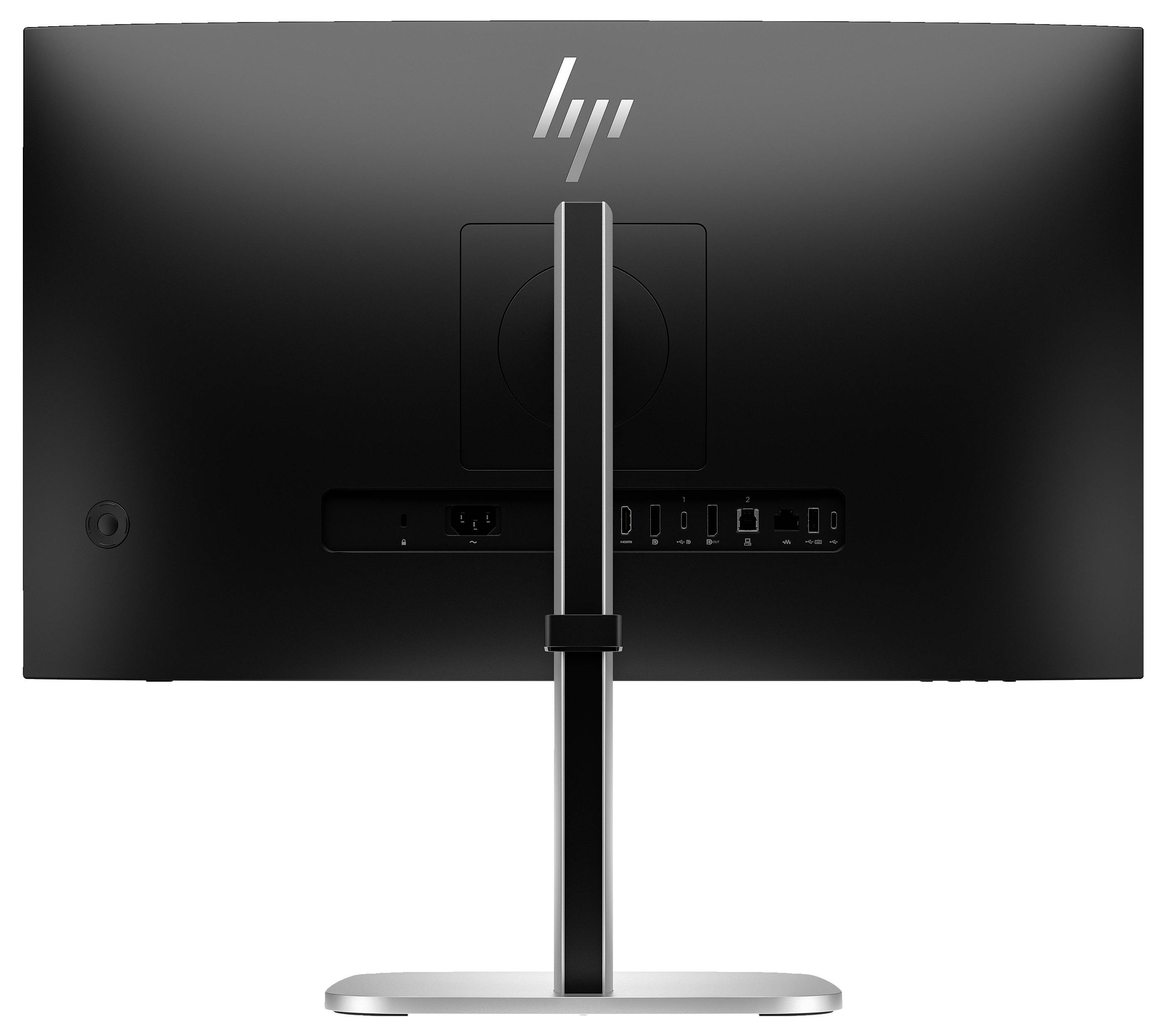 Widok z tyłu czarnego monitora ze stojakiem. Na górze widoczne jest logo, u dołu można rozpoznać różne złącza.