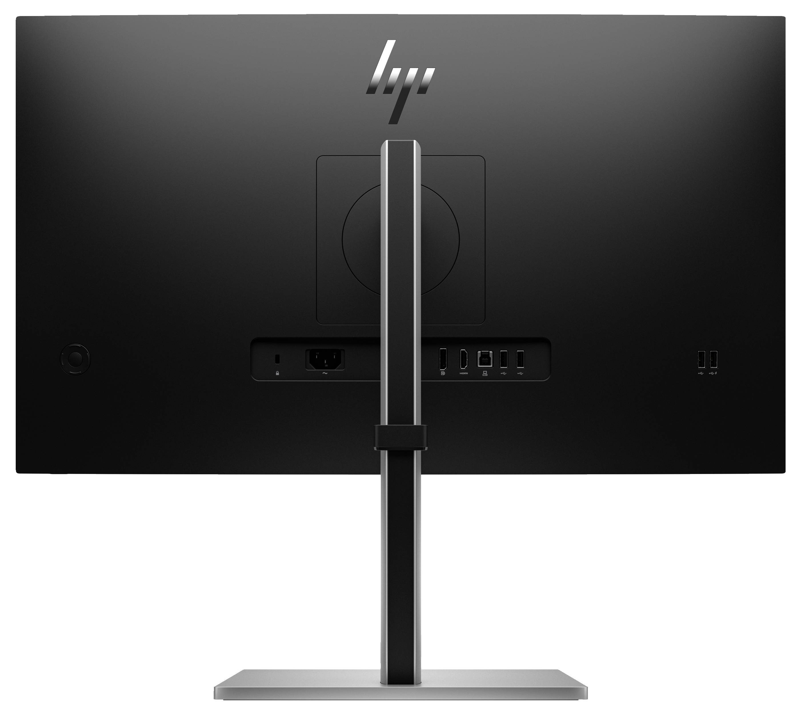 Czarny monitor komputerowy widziany od tyłu, z wieloma portami przyłączeniowymi i solidną podstawą, idealny do zastosowań biurowych.