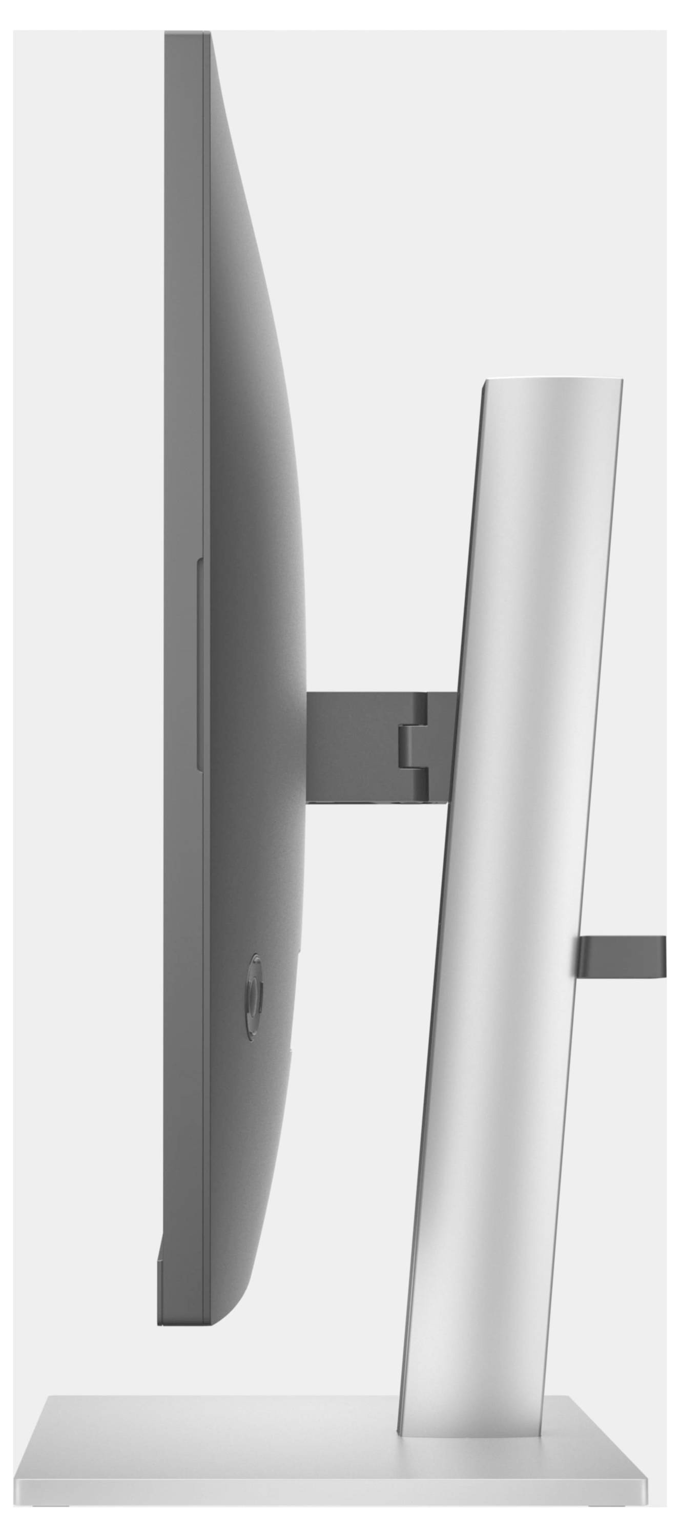 Widok z boku nowoczesnego monitora komputerowego o cienkiej sylwetce, zamocowanego na prostym, srebrnym podstawce.