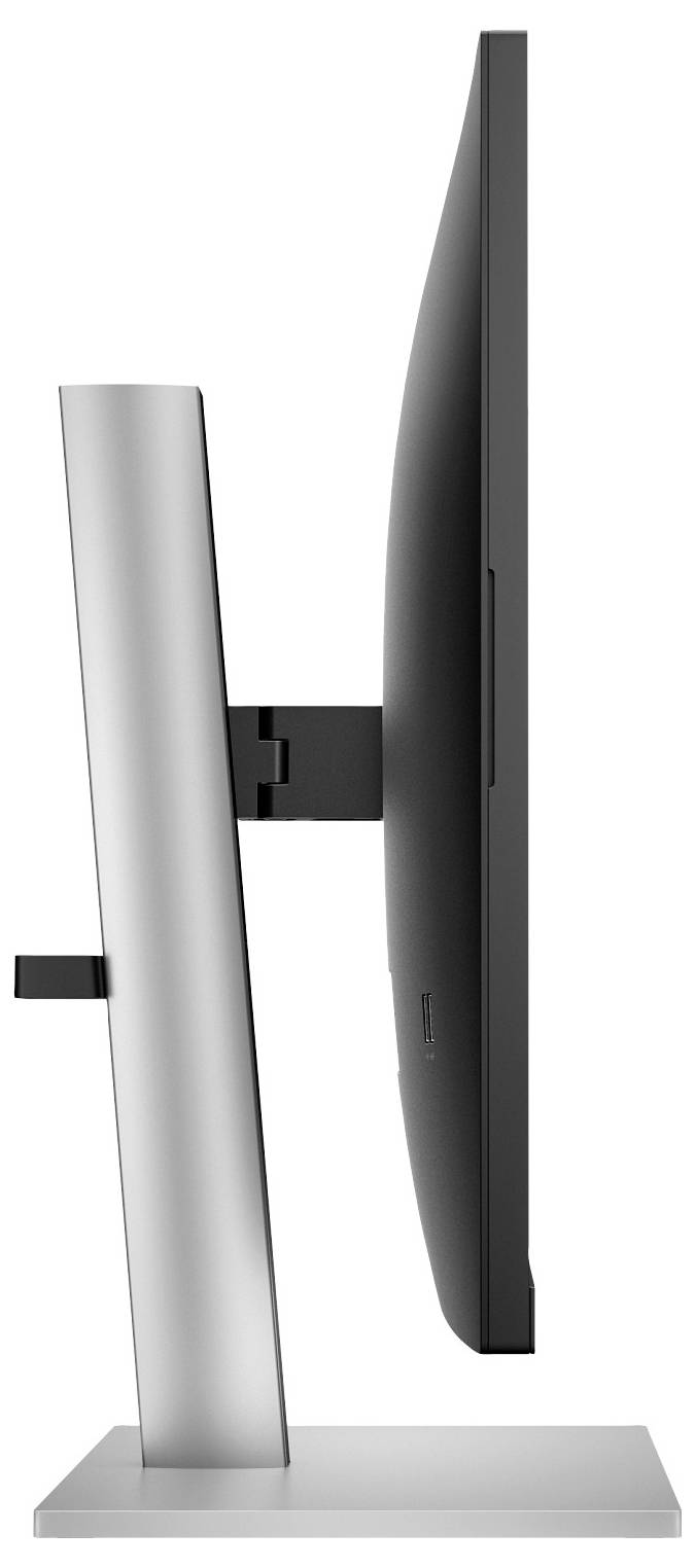 Widok z boku smukłego monitora komputerowego ze srebrną podstawą. Ekran jest lekko pochylony do tyłu.