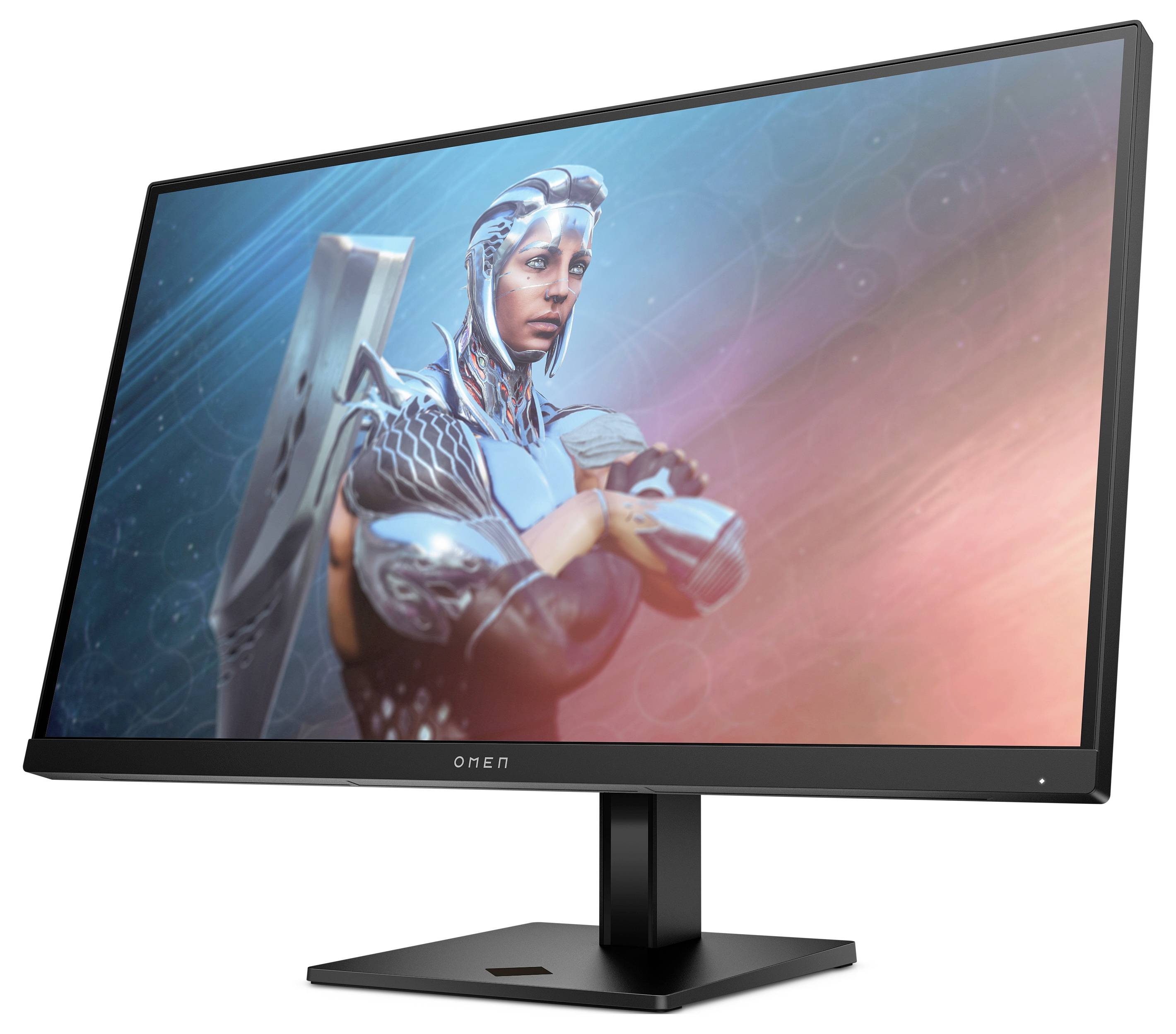 Monitor komputerowy z futurystyczną postacią w zbroi na ekranie. Tło utrzymane jest w odcieniach niebieskiego i czerwonego.