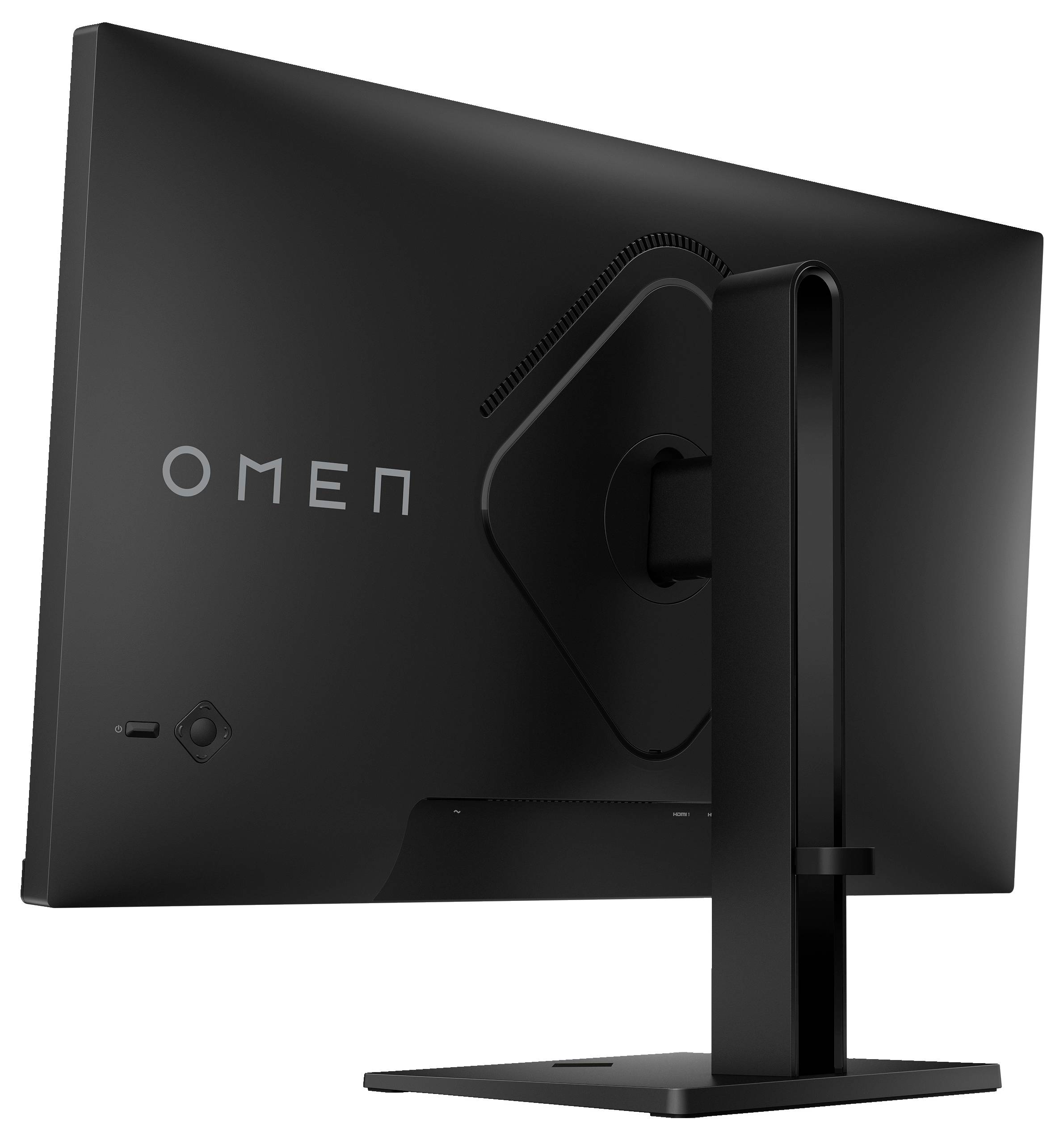 Widok z tyłu czarnego monitora komputerowego z napisem 'OMEN'. Podstawa jest solidna i regulowana na wysokość.