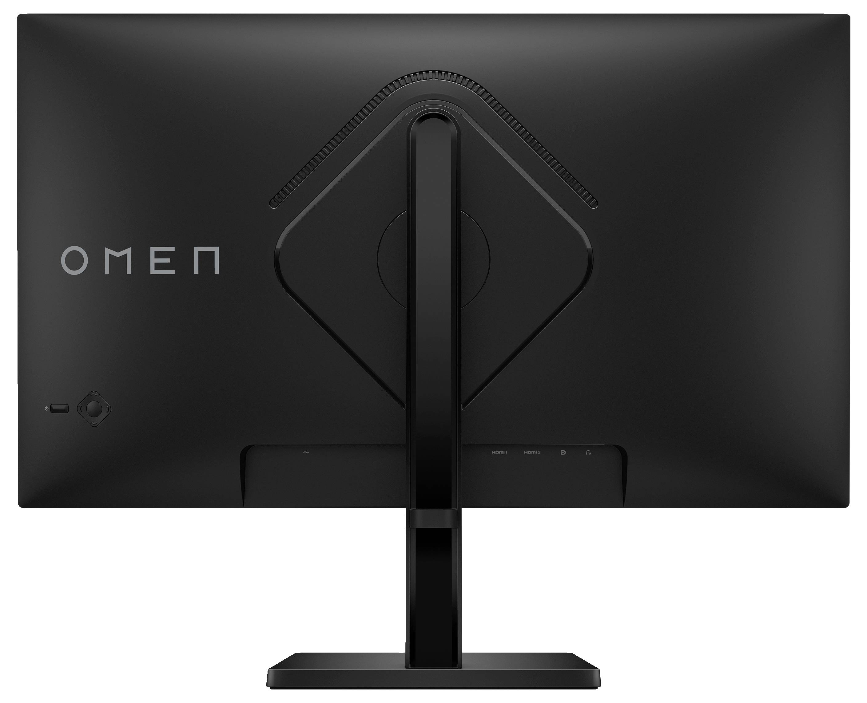 Czarny ekran komputerowy widziany od tyłu. W lewym górnym rogu widnieje napis 'OMEN'. Ekran posiada stabilną podstawę.