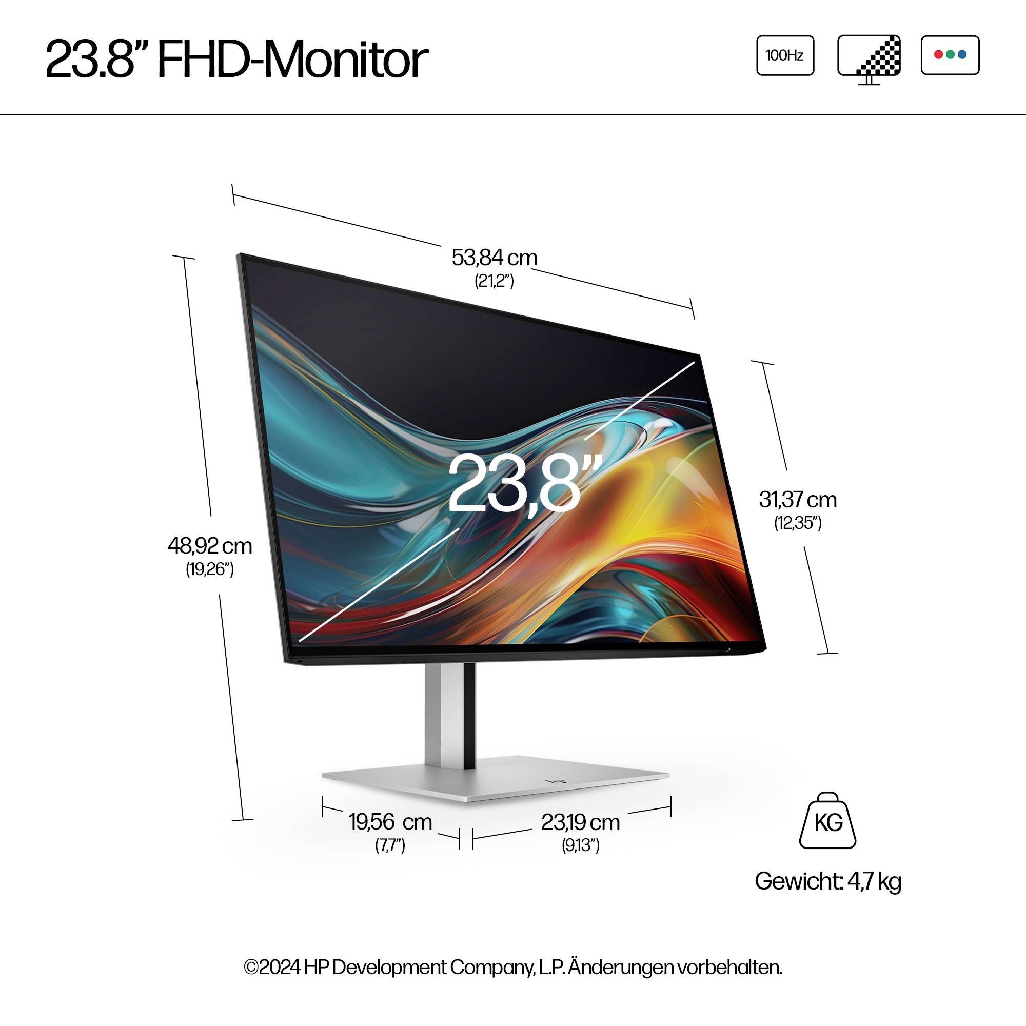 23,8" Monitor FHD, ekran o wymiarach: wysokość 31,37 cm, szerokość 54,84 cm, głębokość 19,56 cm; waga 4,7 kg.