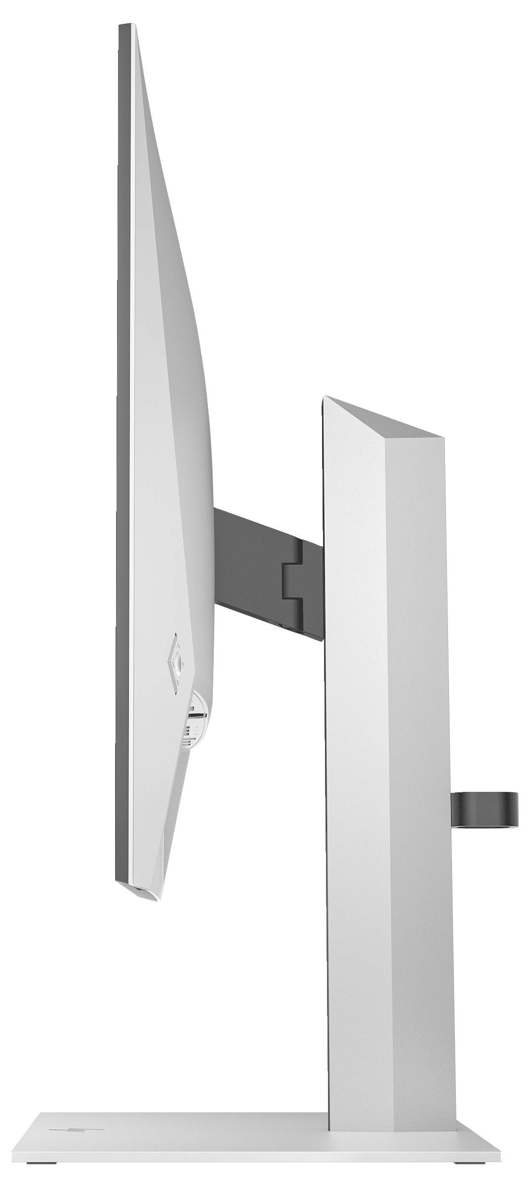 Biały monitor komputerowy widziany z boku, prezentujący smukłą sylwetkę i regulowany stojak.