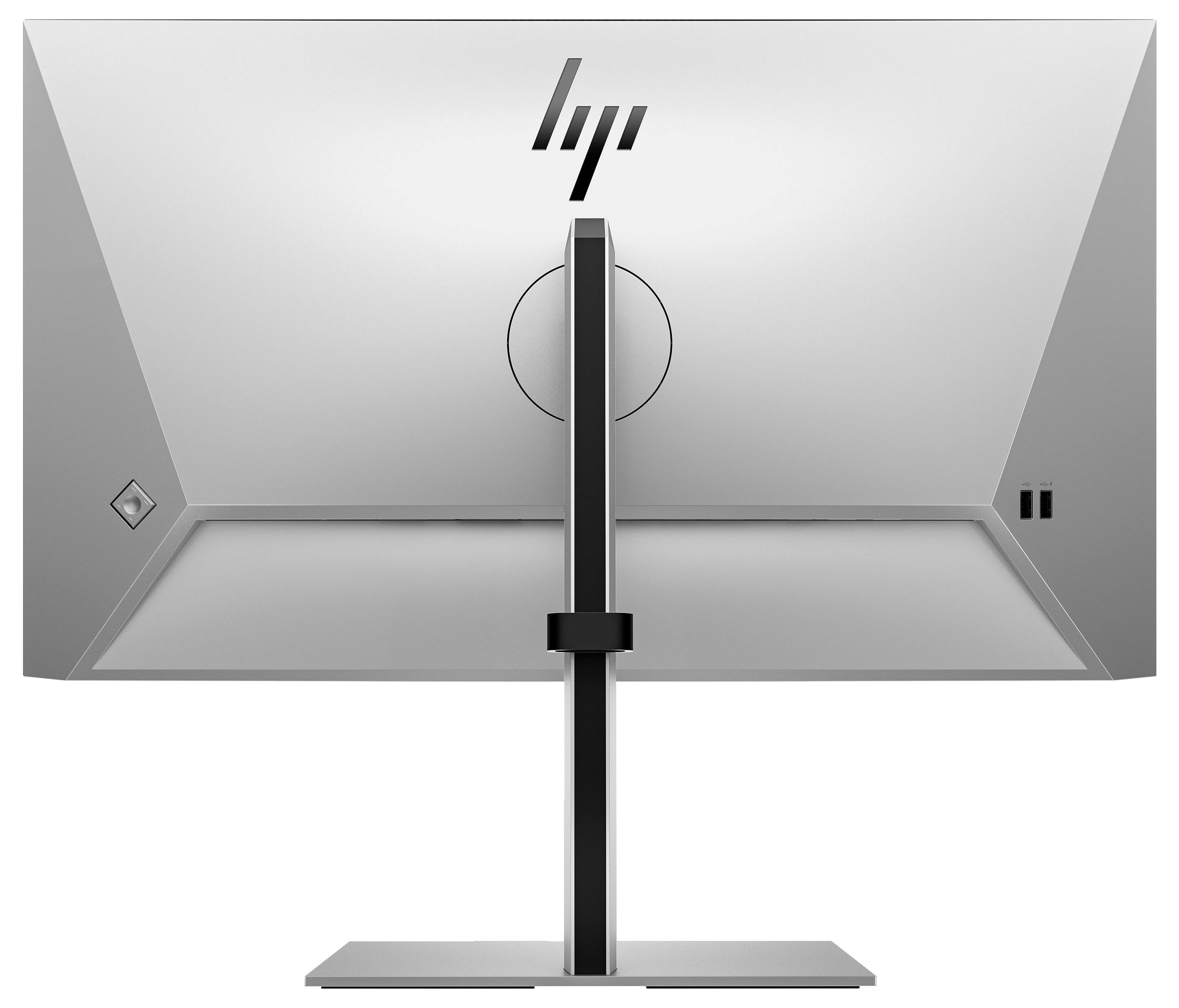 Ekran komputerowy widziany od tyłu, o nowoczesnym designie i smukłej podstawie. Logo marki umieszczone na środku u góry, złącza w prawym dolnym rogu.