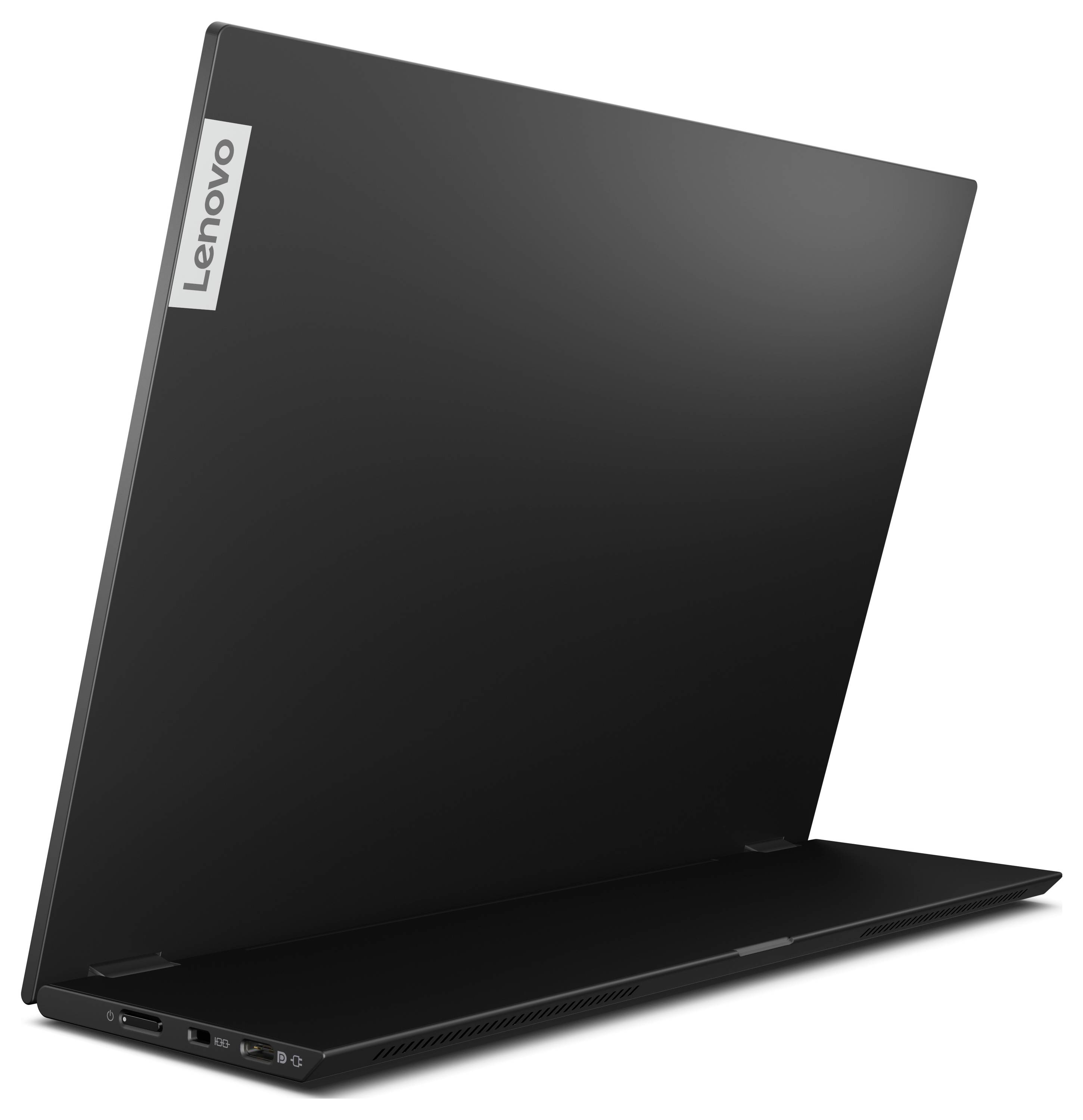 Czarny laptop Lenovo, otwarty i lekko pochylony do tyłu, prezentujący tylną część ekranu oraz złącza z boku.