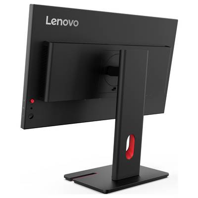 Czarny monitor Lenovo widziany od tyłu, zamocowany na regulowanej podstawce z czerwonym akcentem, prezentujący elegancki i nowoczesny wygląd.