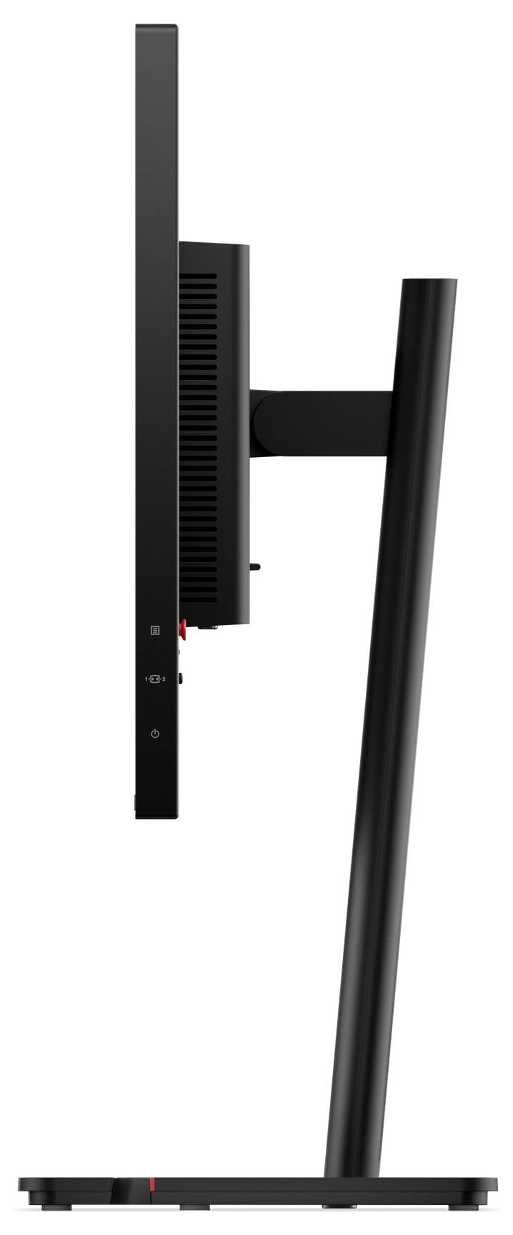 Widok z boku płaskiego monitora komputerowego na smukłej podstawie. Monitor jest czarny i ma minimalistyczny design.