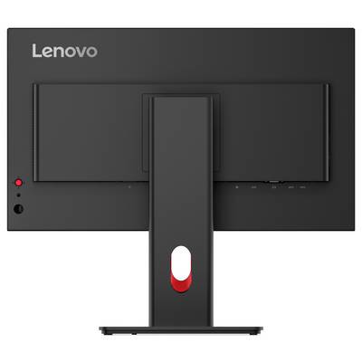 Widok z tyłu monitora Lenovo w kolorze czarnym na prostokątnej podstawce, pośrodku czerwony akcent.