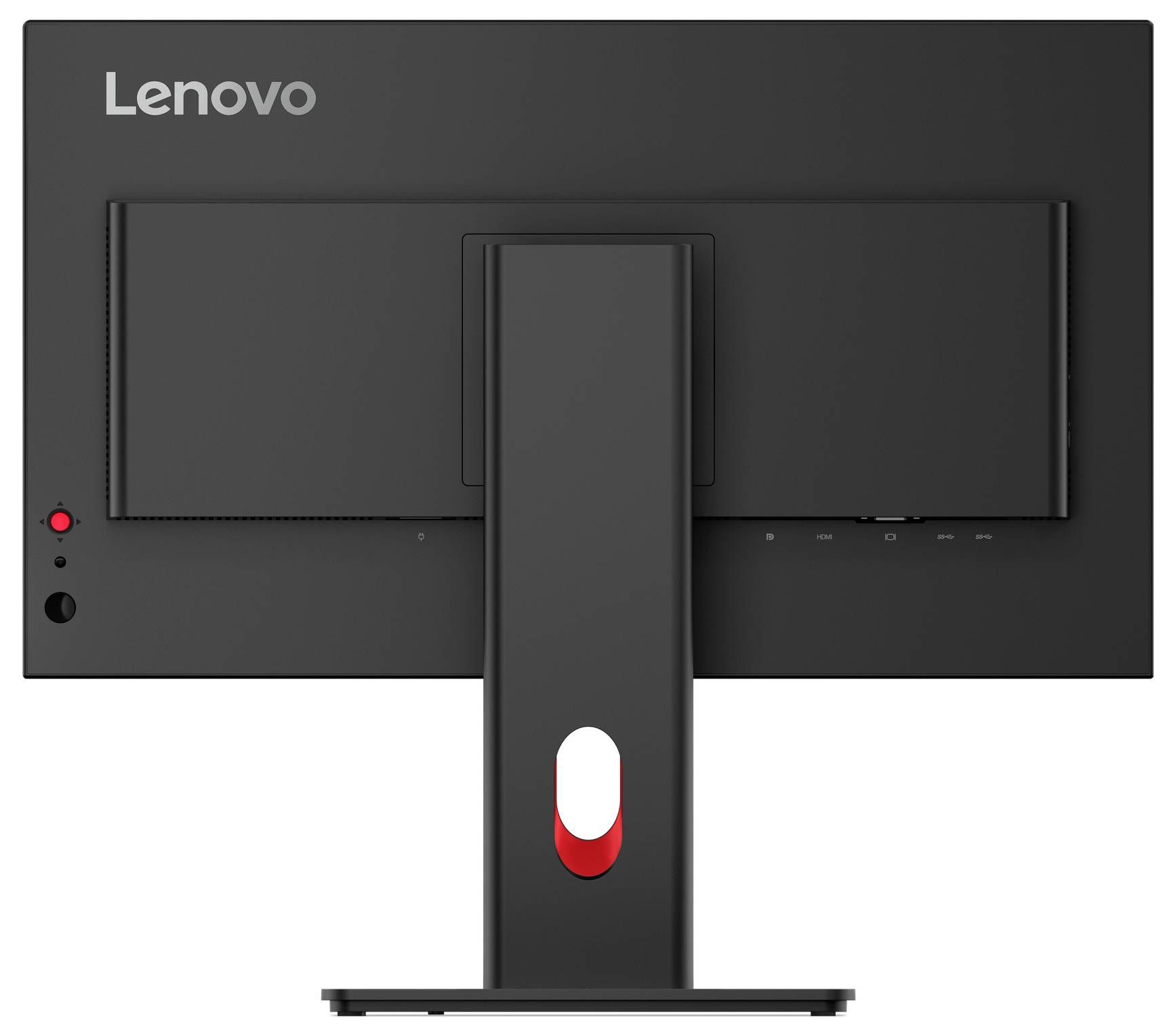 Widok z tyłu monitora Lenovo na podstawce. Projekt jest smukły i minimalistyczny, odpowiedni do użytku biurowego lub domowego.