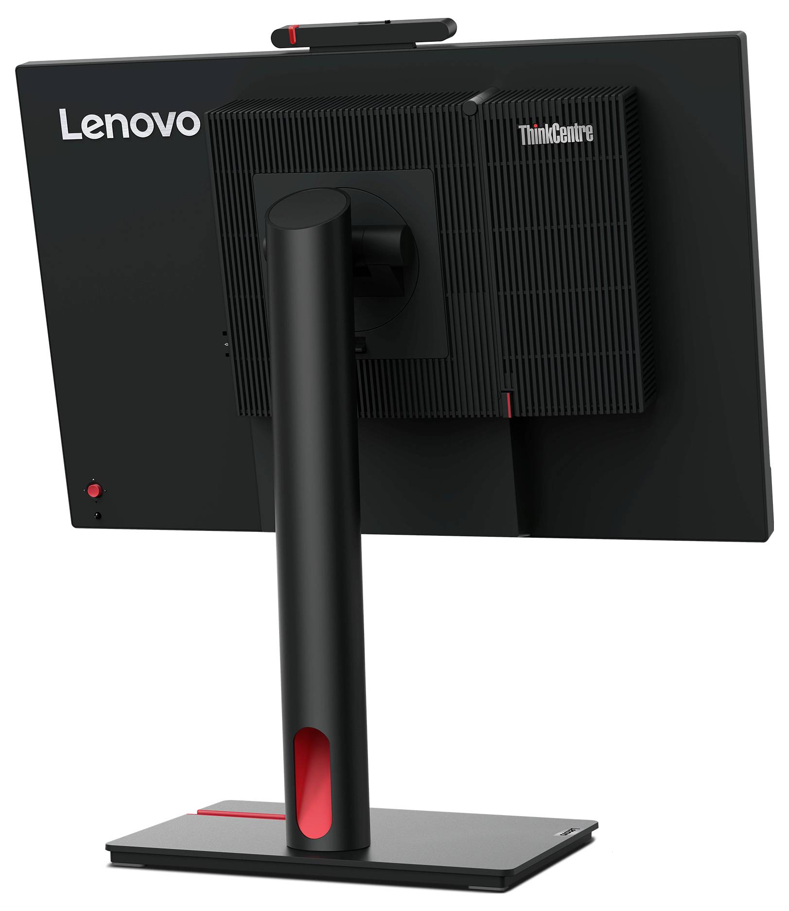 Czarny monitor Lenovo ThinkCentre widziany od tyłu, zamontowany na regulowanej podstawce. Logo marki widoczne w lewym górnym rogu.