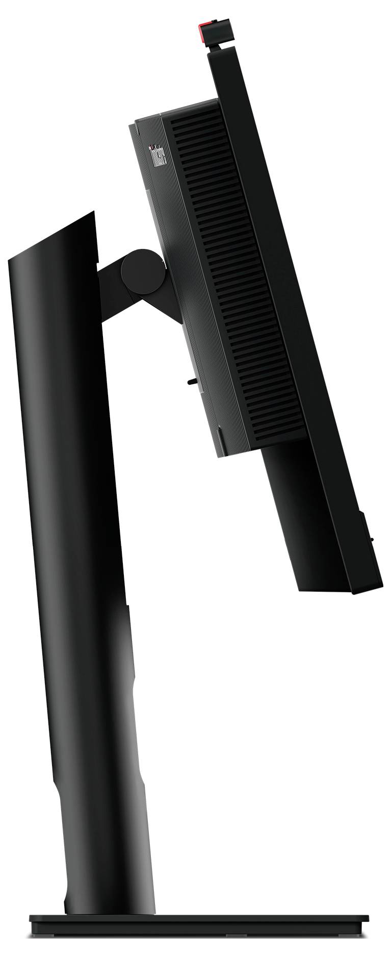 Widok z boku czarnego monitora komputerowego na regulowanej podstawie, pochylonego do tyłu.