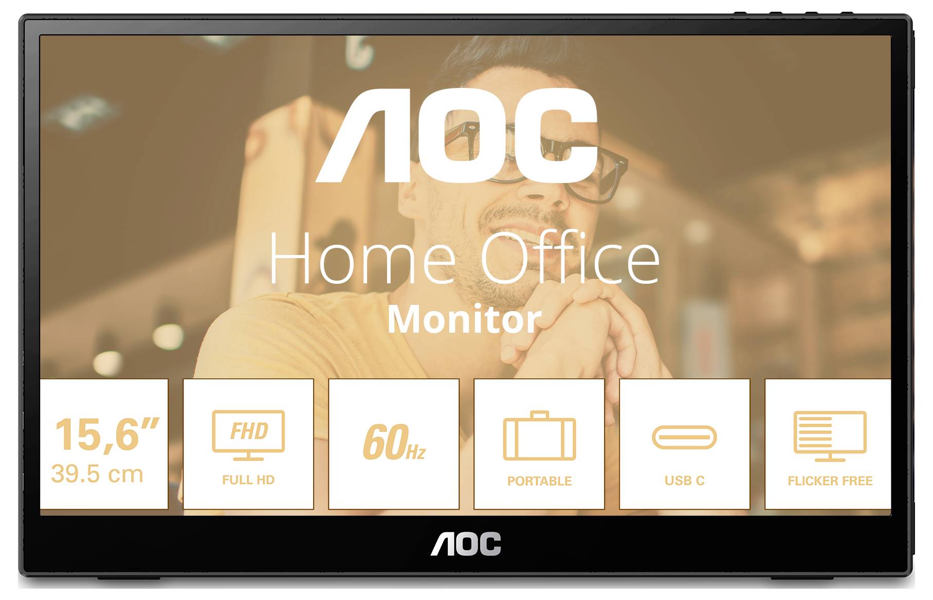Monitor przenośny AOC Home Office, 15,6 cala, Full HD, 60 Hz, z interfejsem USB-C, bez migotania. Główny ekran prezentuje kluczowe cechy urządzenia.