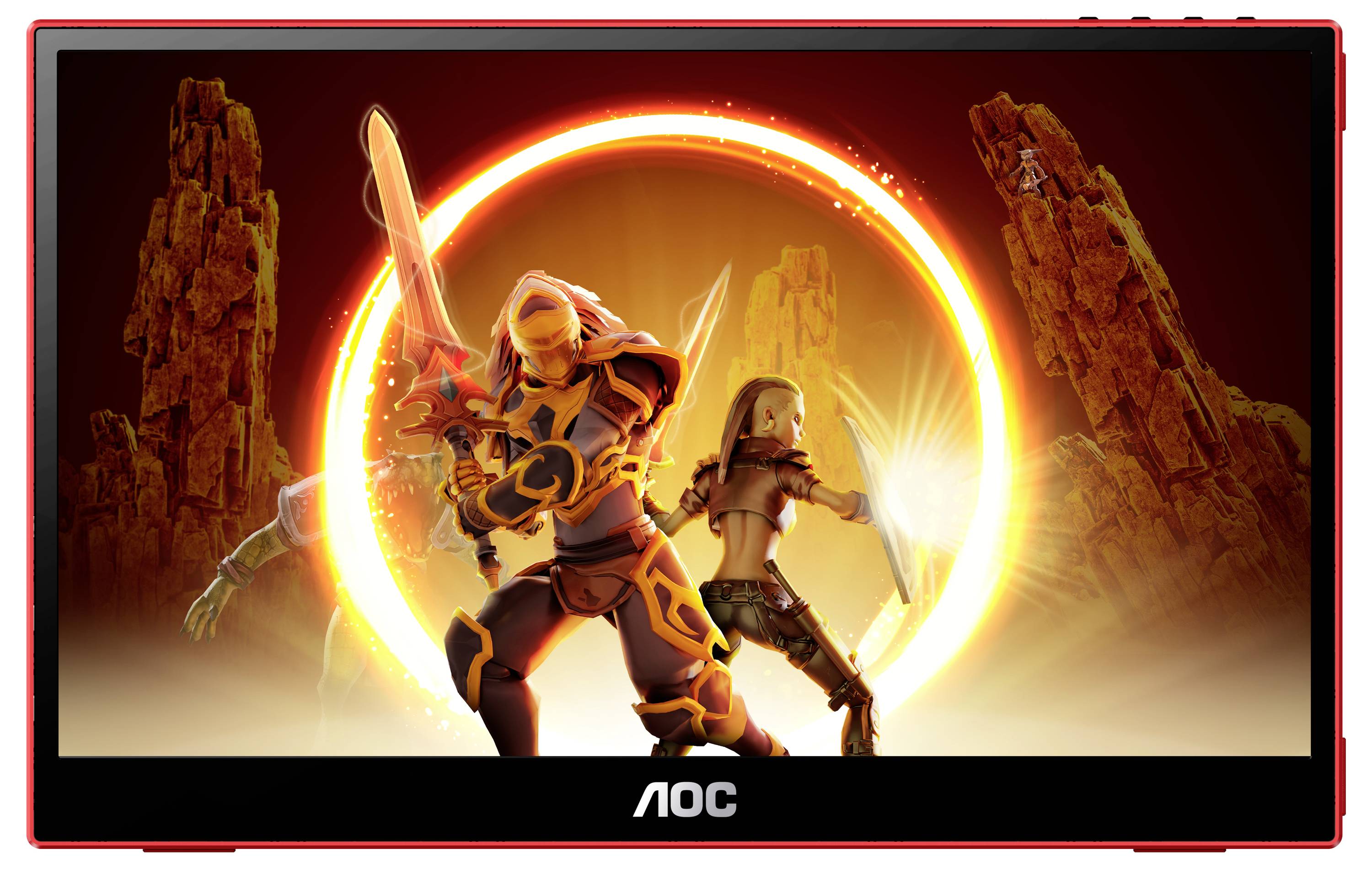 Monitor AOC wyświetla dwie animowane postacie walczące świecącymi mieczami przed rozżarzonym pierścieniem, otoczone skałami.